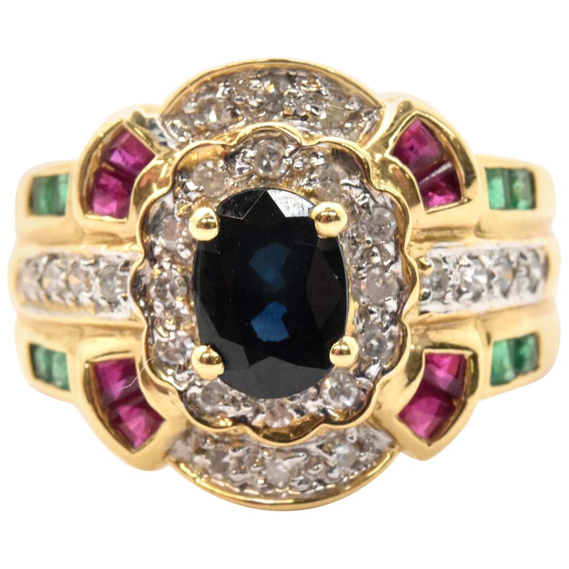 14 Karat Yellow Gold, Diamond Sapphire Emerald Ruby Fashion Ring