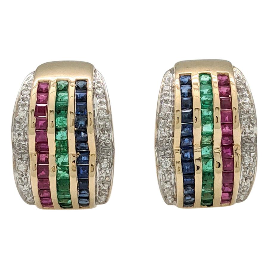 14 Karat Yellow Gold Diamond Sapphire Emerald Ruby Hoop Earrings For Sale