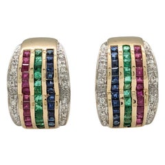 14 Karat Yellow Gold Diamond Sapphire Emerald Ruby Hoop Earrings