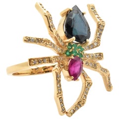 14 Karat Yellow Gold, Diamond, Sapphire, Ruby and Emerald Spider Ring