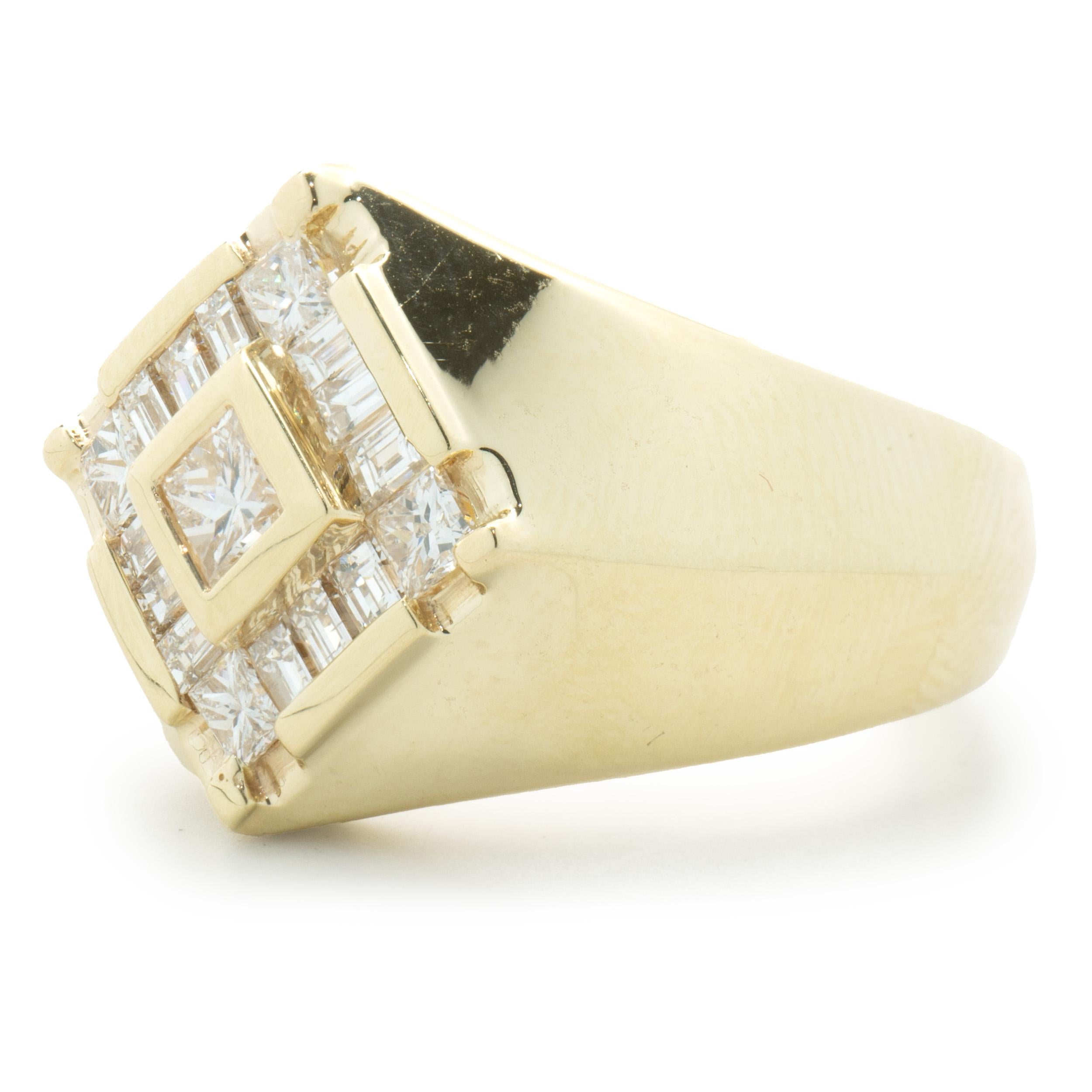 Designer: custom
Material: 14K yellow gold
Diamond: 17 princess & baguette = 1.38cttw
Color: G
Clarity: VS1-2
Size: 10 sizing available 
Weight: 13.97 grams