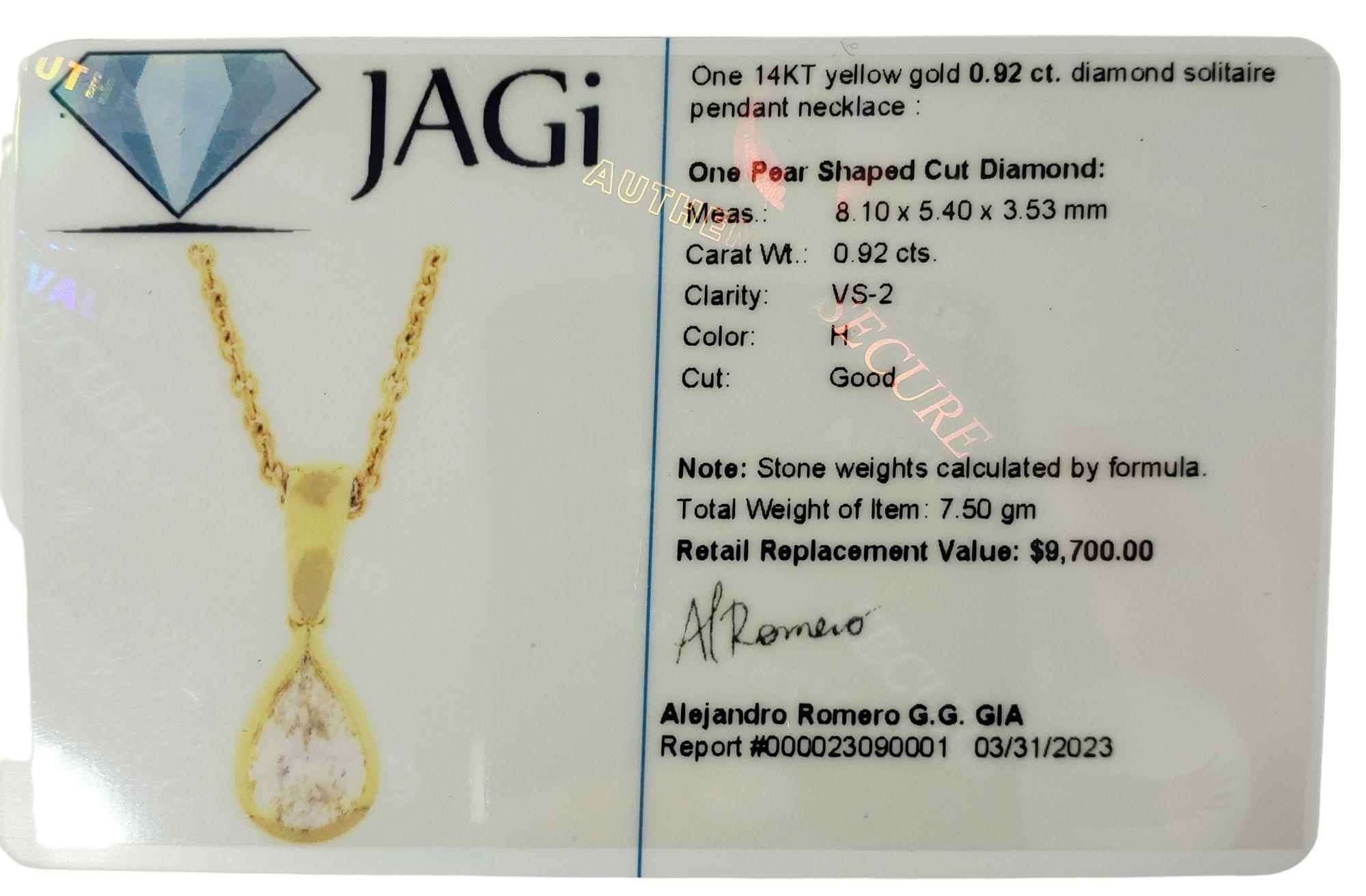De las mujeres Collar Solitario de Diamantes de Oro Amarillo de 14 Kilates .92cts. #14223 en venta