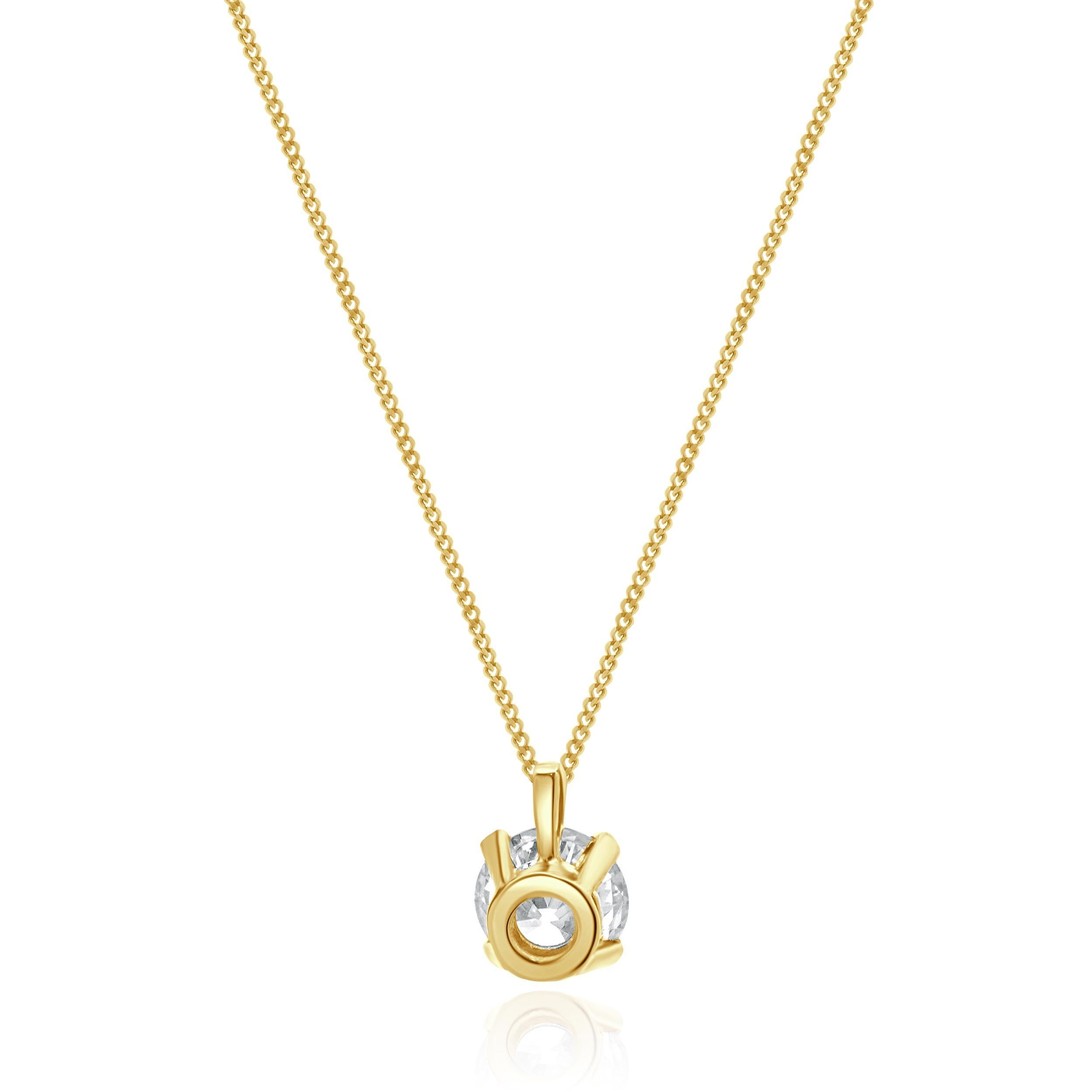 Designer: custom
Material: 14K yellow gold
Diamonds: 1 round brilliant cut = 1.18cttw
Color: L
Clarity: SI2
Dimensions: necklace measures 18-inches in length
Weight: 1.97 grams