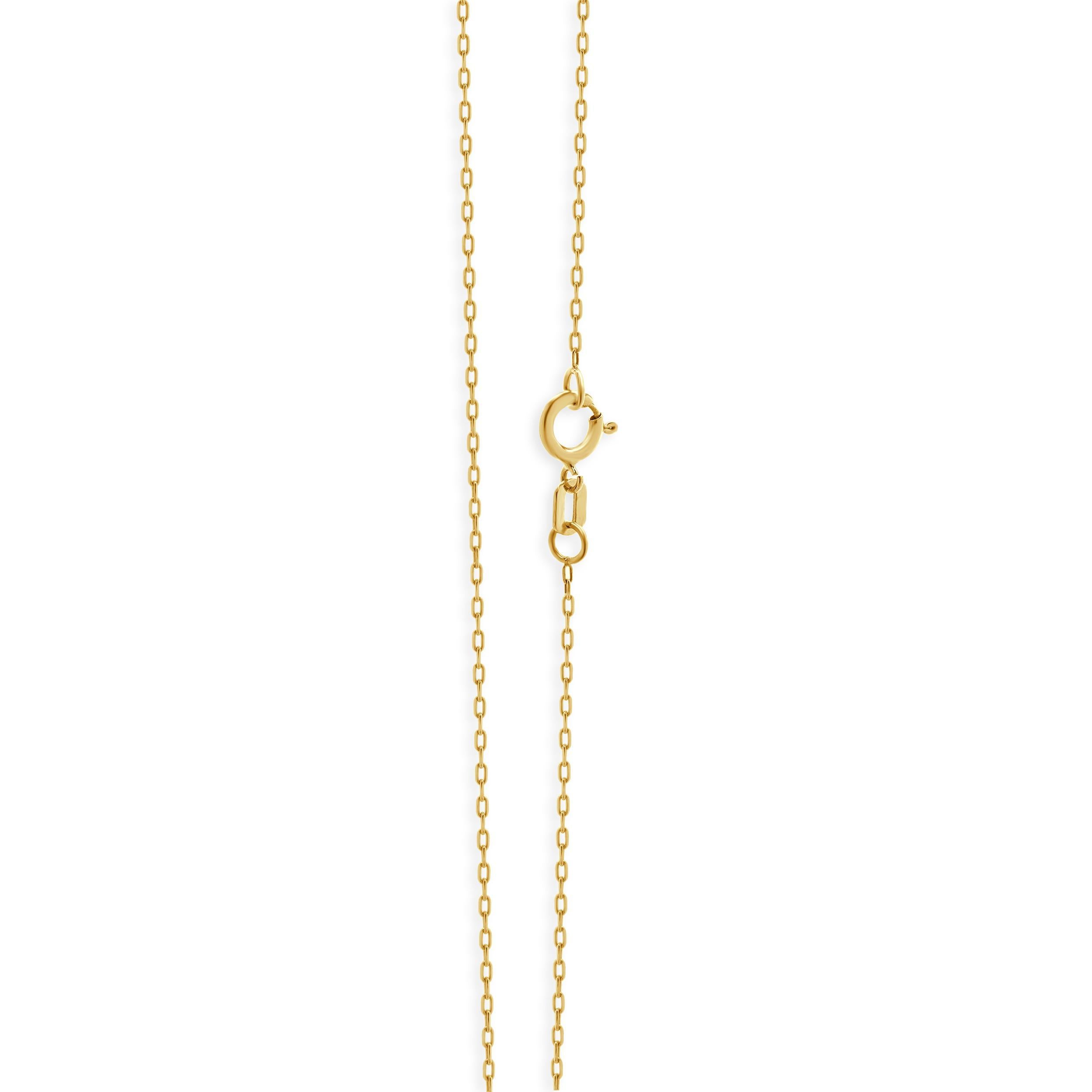 Designer: custom
Material: 14K yellow gold
Diamonds: 1 round brilliant cut = 0.10ct
Color: H
Clarity:SI1
Dimensions: necklace measures 18-inches in length
Weight: 1.11 grams

