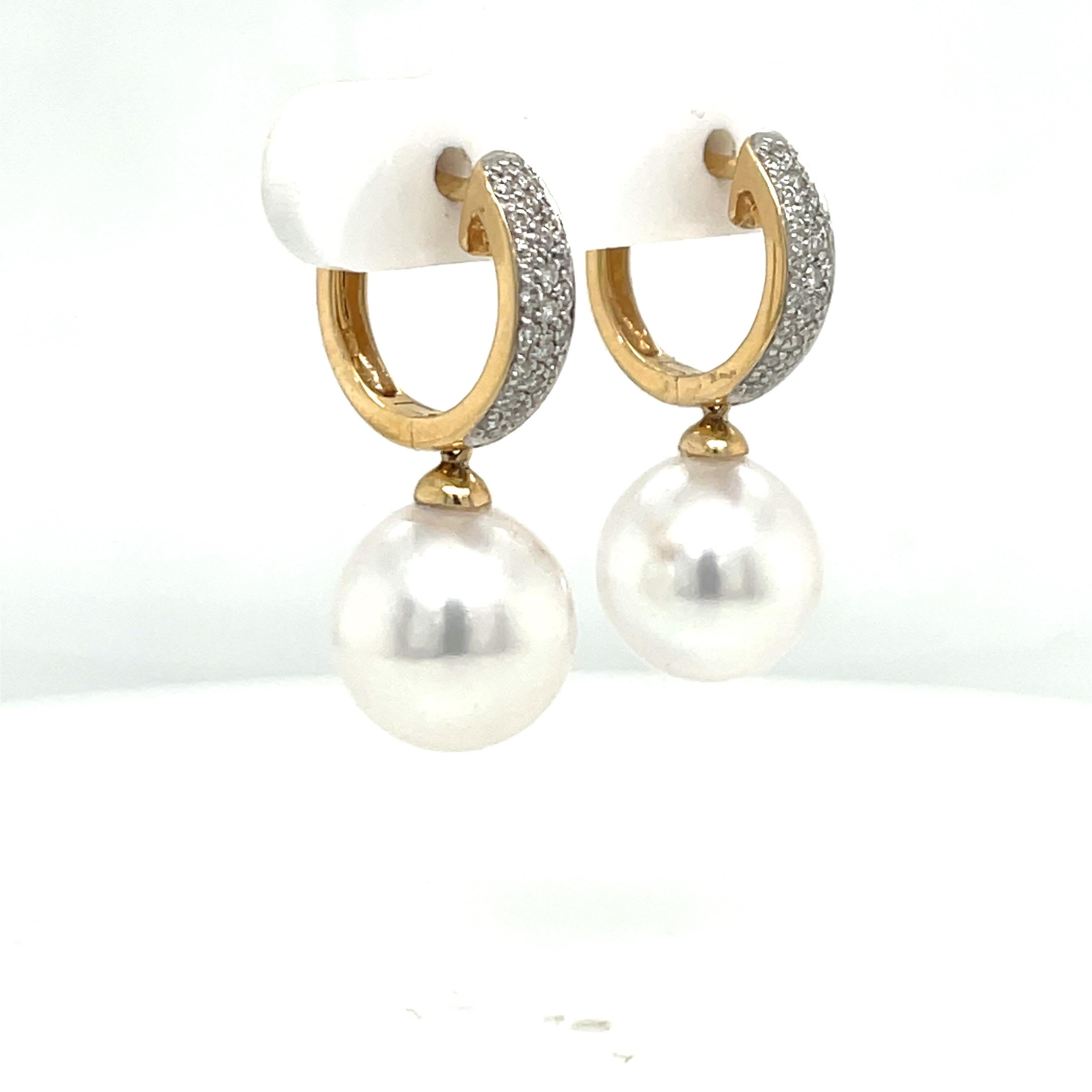 Women's 14 Karat Yellow Gold Diamond South Sea Hoop Drop Earrings 0.25 Carats For Sale