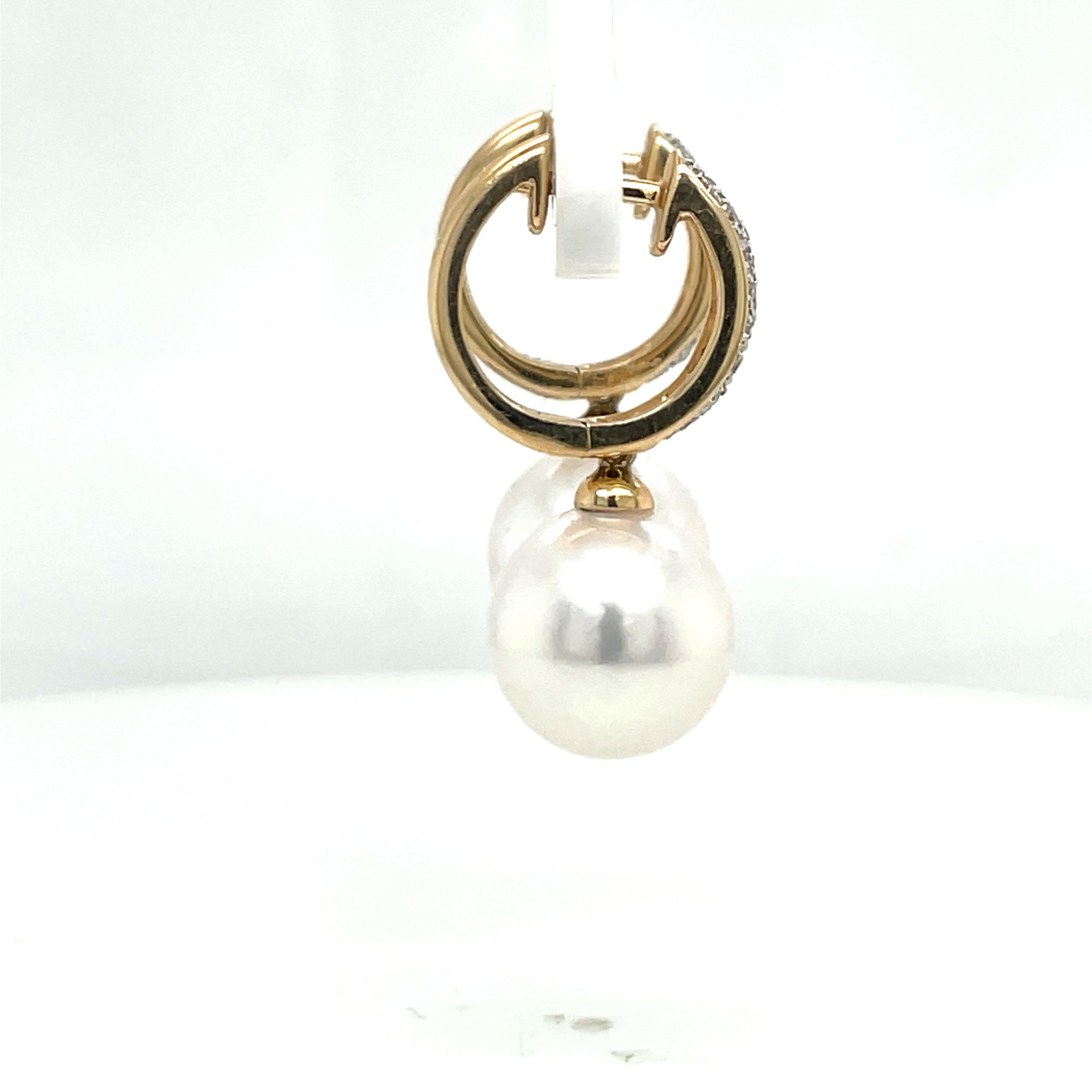 14 Karat Yellow Gold Diamond South Sea Hoop Drop Earrings 0.25 Carats For Sale 2