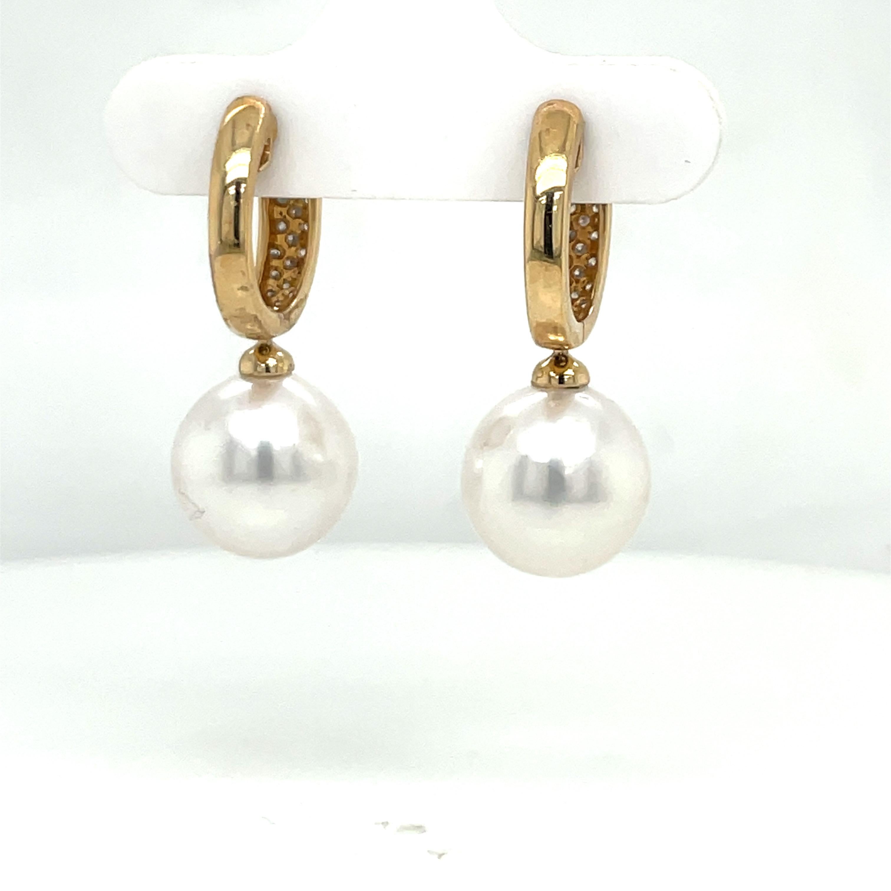 14 Karat Yellow Gold Diamond South Sea Hoop Drop Earrings 0.25 Carats For Sale 3