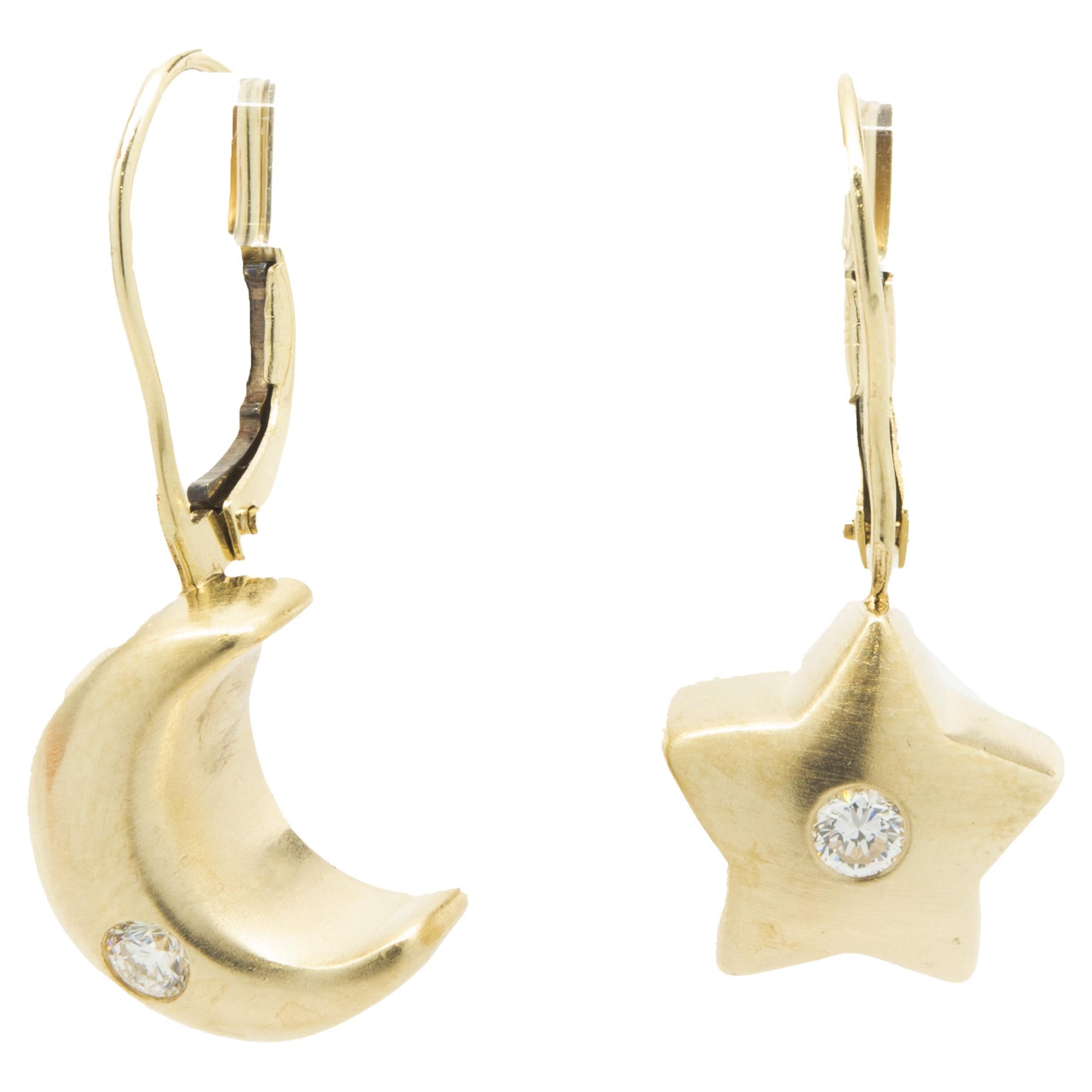 14 Karat Yellow Gold Diamond Star and Moon Puff Drop Earrings