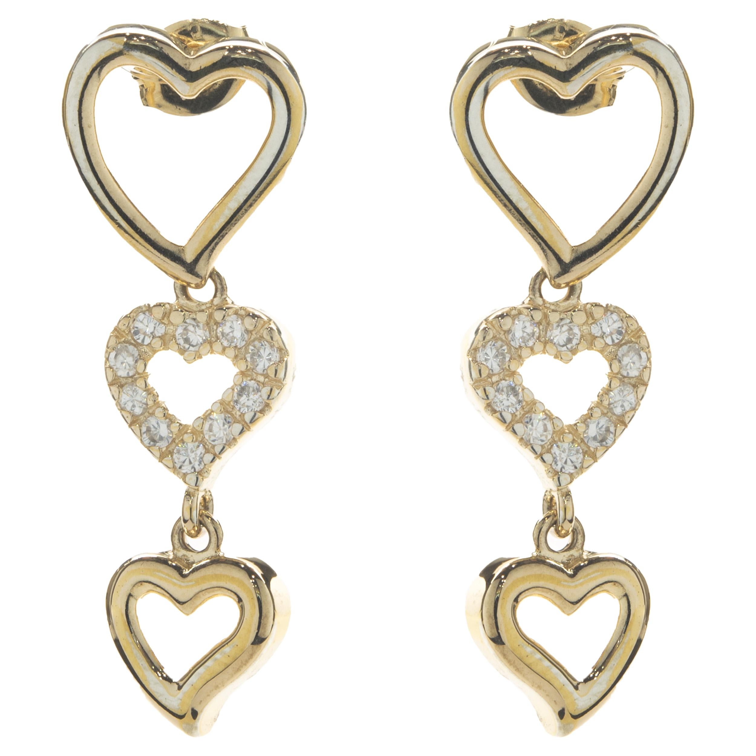 Round Cut 14 Karat Yellow Gold Diamond Station Open Heart Drop Earrings For Sale