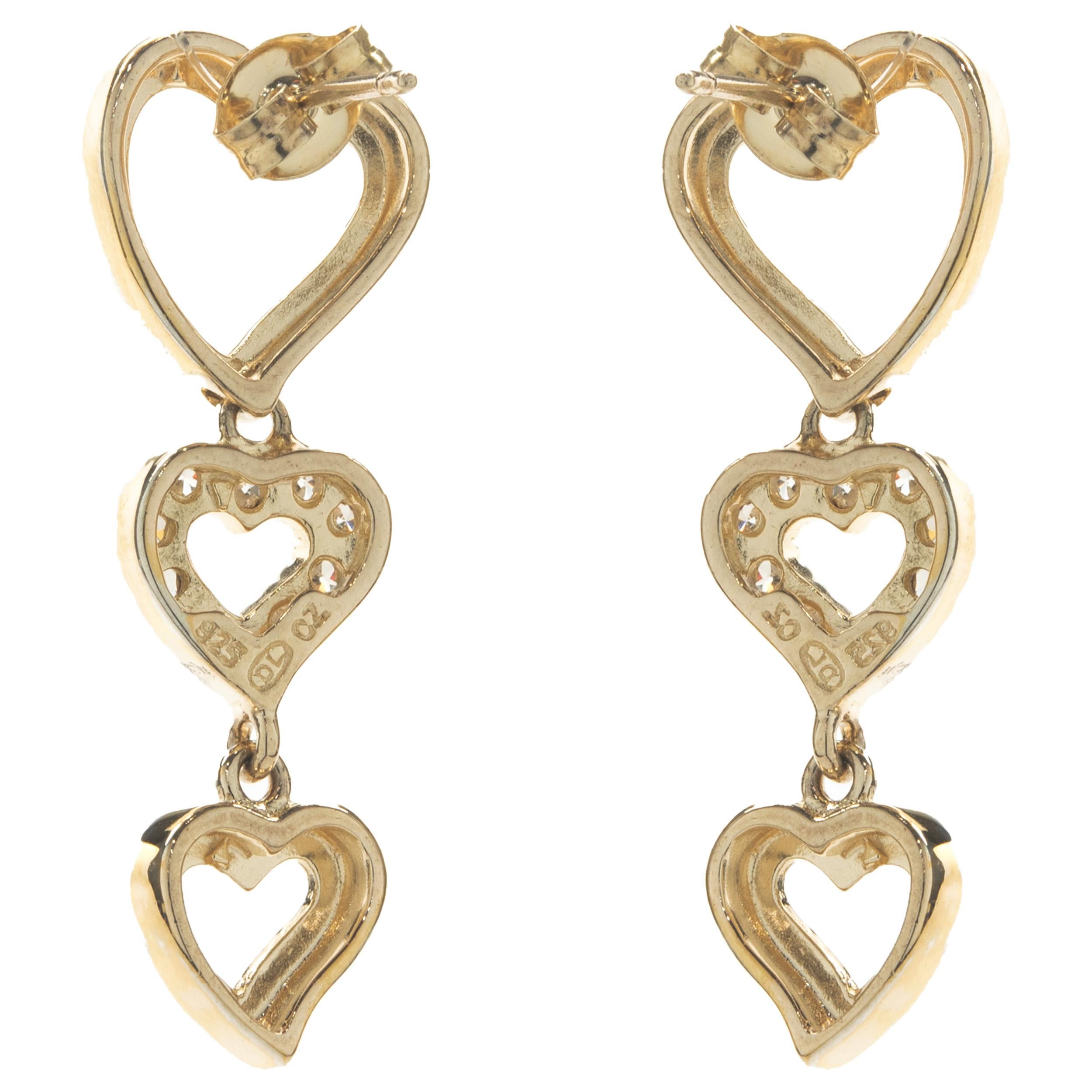 14 Karat Yellow Gold Diamond Station Open Heart Drop Earrings In Excellent Condition For Sale In Scottsdale, AZ