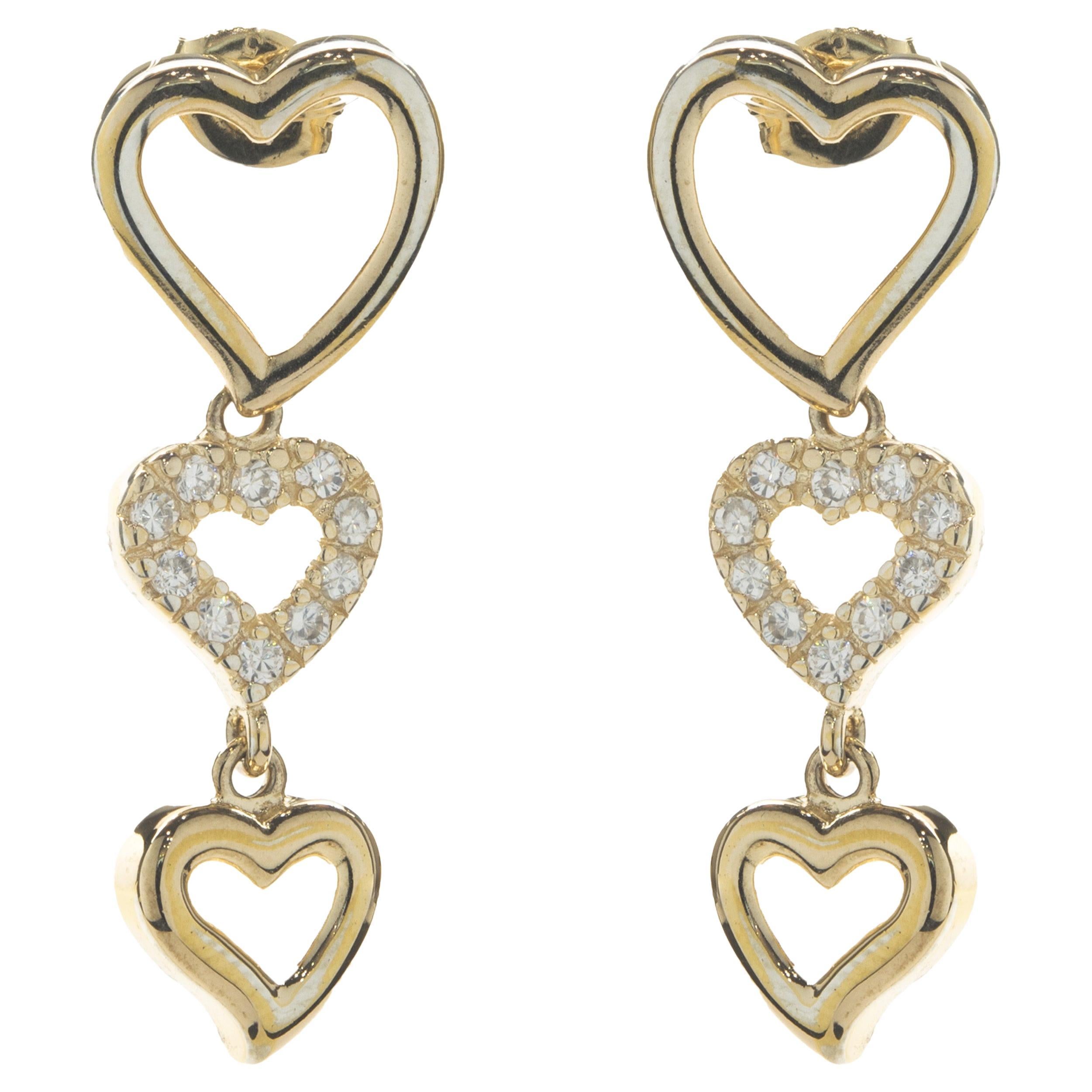 14 Karat Yellow Gold Diamond Station Open Heart Drop Earrings For Sale