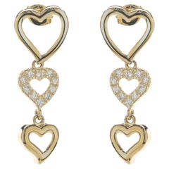 14 Karat Yellow Gold Diamond Station Open Heart Drop Earrings