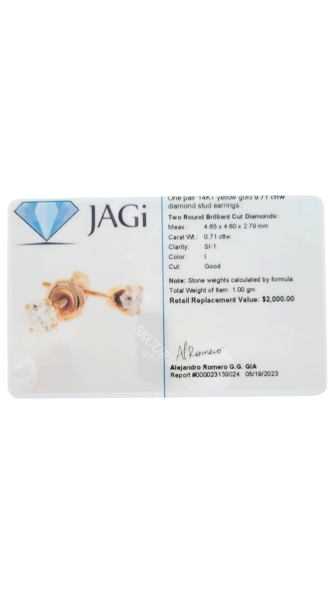 14 Karat Yellow Gold Diamond Stud Earrings #14637 For Sale 2