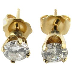 Vintage 14 Karat Yellow Gold Diamond Stud Earrings .72 Carat