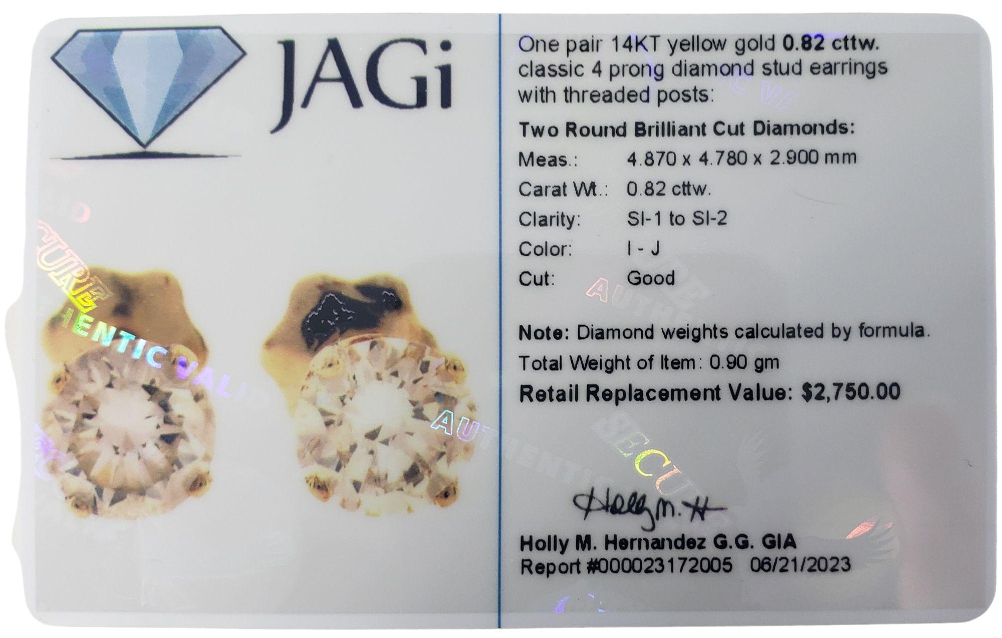 14 Karat Yellow Gold Diamond Stud Earrings .82 TCW. #14840 For Sale 3