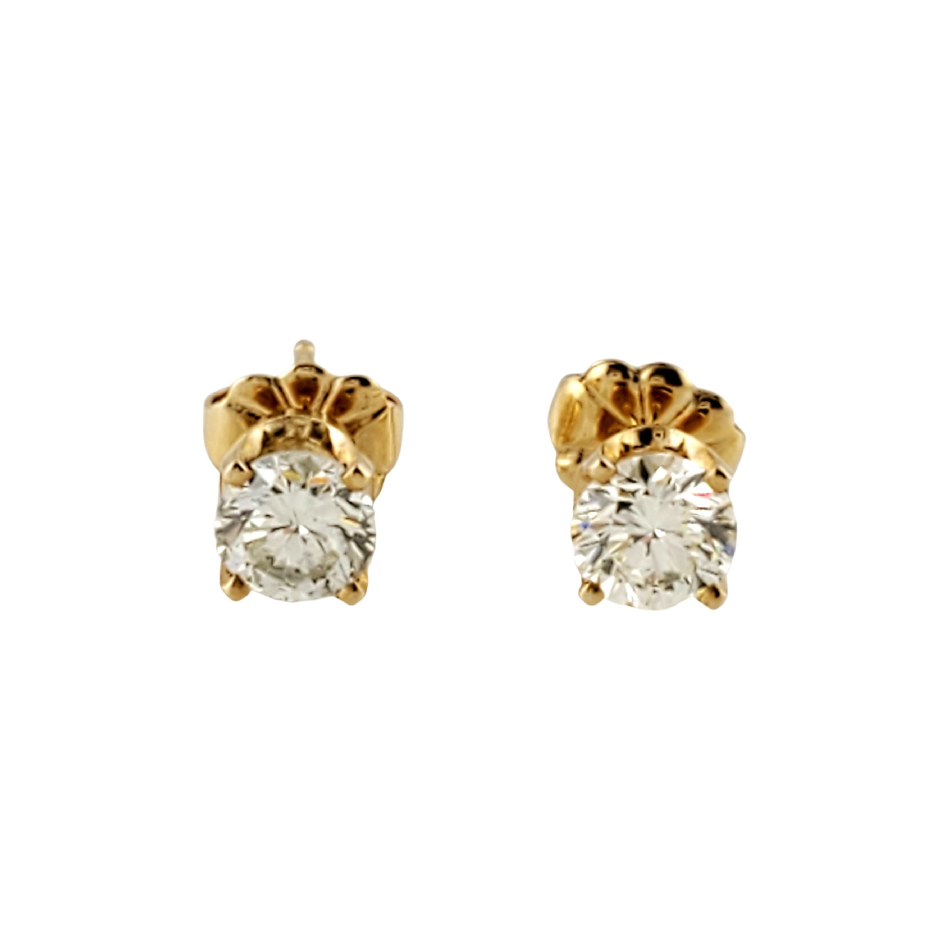 Round Cut 14 Karat Yellow Gold Diamond Stud Earrings .90 Carat