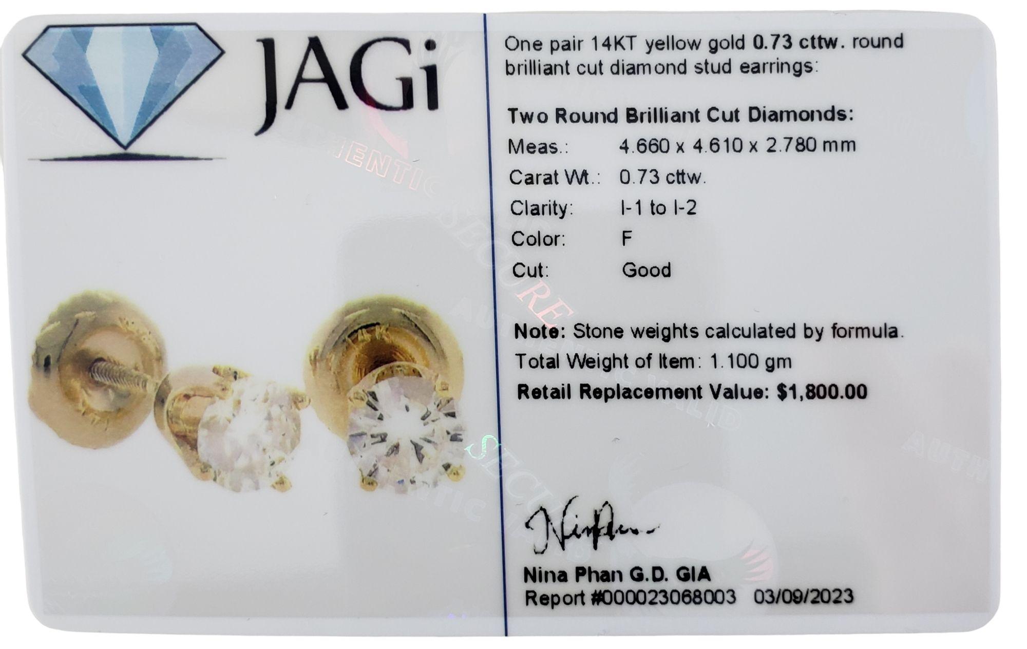 14 Karat Yellow Gold Diamond Stud Earrings #14029 For Sale 1