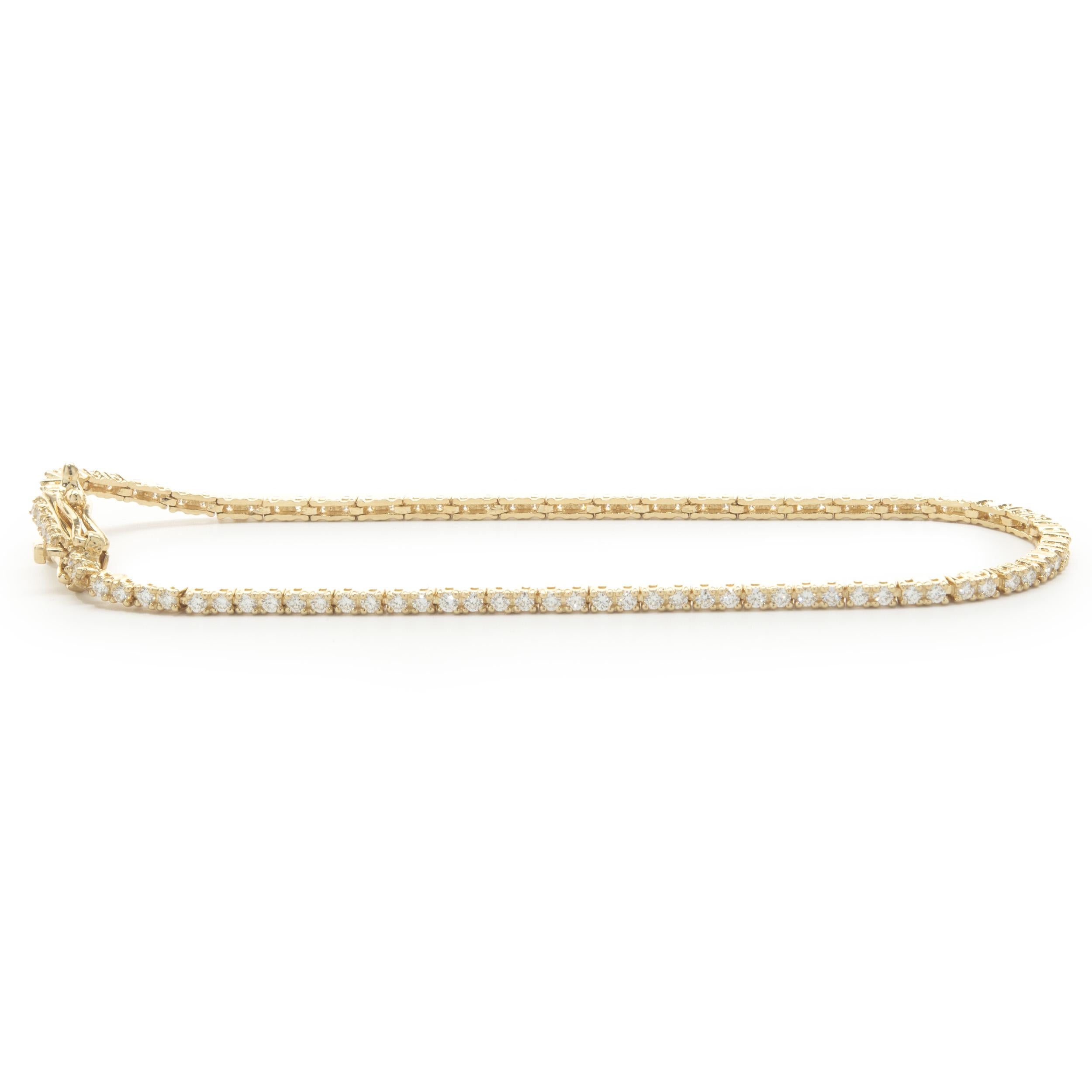 Material: 14K yellow gold
Diamonds: 96 round brilliant cut = 1.00cttw
Color: H 
Clarity: SI1
Dimensions: bracelet will fit up to a 7-inch wrist 
Weight: 4.59 grams