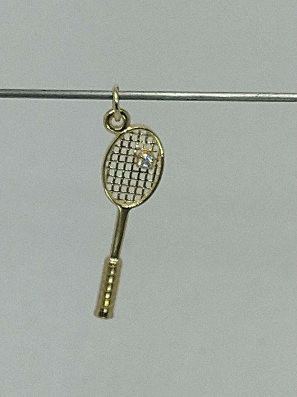 Round Cut 14 Karat Yellow Gold Women's  Diamond Tennis Racket Charm For Sale