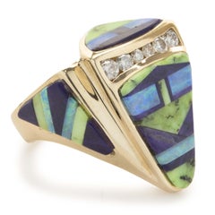 14 Karat Yellow Gold Diamond, Turquoise, and Opal Inlay Ring
