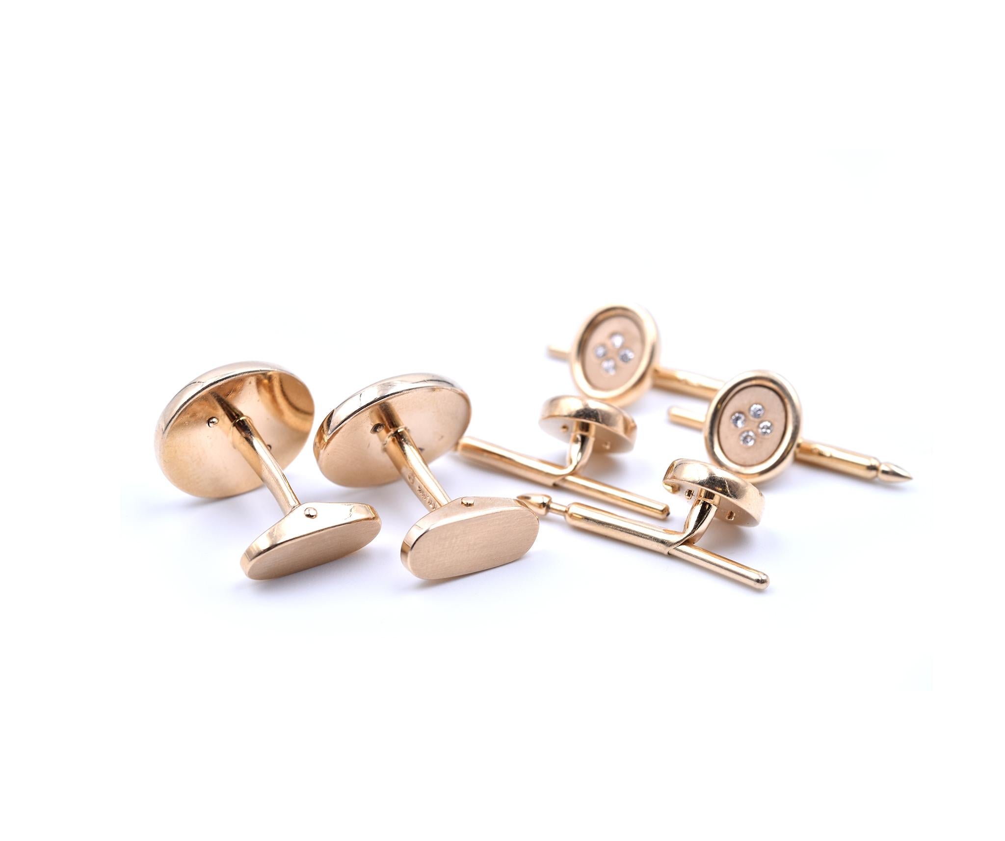 Round Cut 14 Karat Yellow Gold Diamond Tux Set Cuff and Button Links