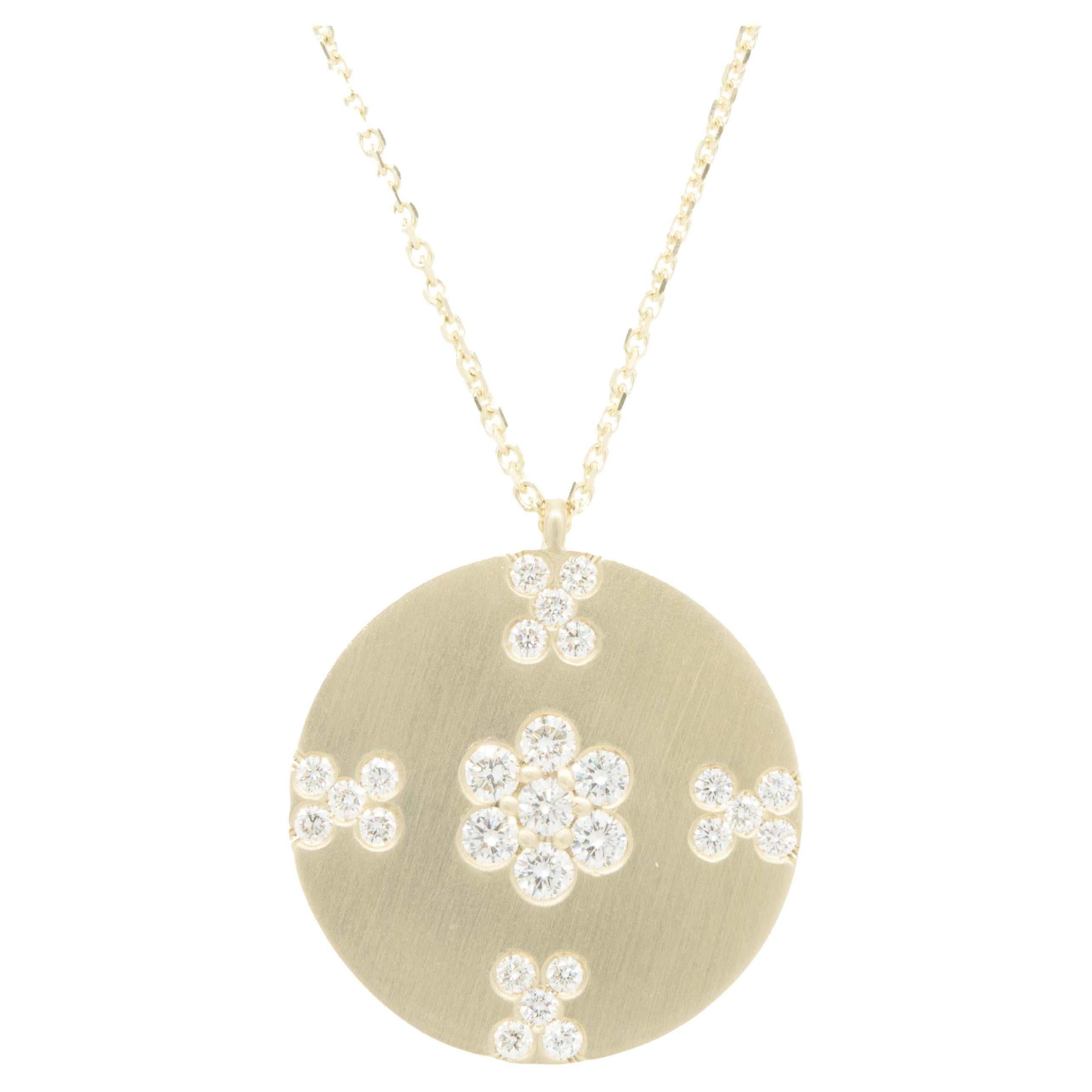 14 Karat Yellow Gold Diamond X&O Disc Necklace For Sale