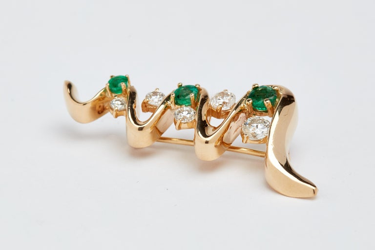 14 Karat Yellow Gold Diamonds and Emeralds Brooch For Sale at 1stDibs