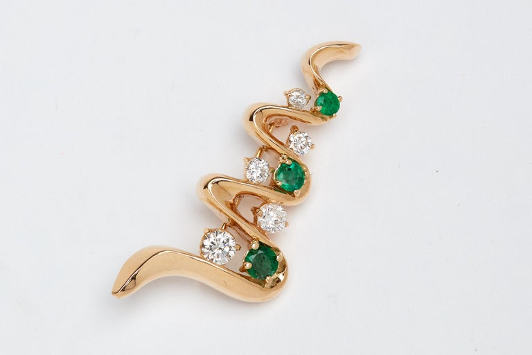 14 Karat Yellow Gold Diamonds and Emeralds Brooch For Sale at 1stDibs