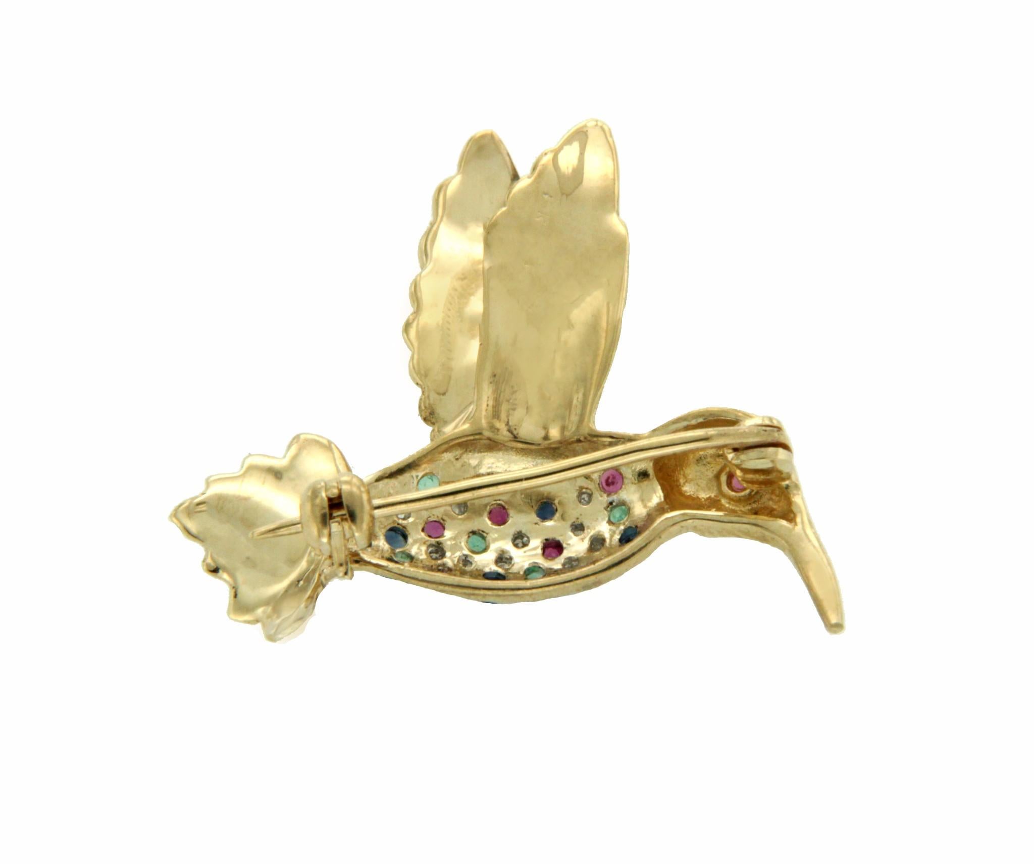 Type: Brooch
Height: 26 mm
Weight: 27 mm
Metal: Yellow Gold
Metal Purity: 14K
Hallmarks: 14K
Total Weight: 4.7 Grams
Condition: Pre-Owned
Stones Type: Diamonds And Gemstones