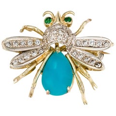 14 Karat Yellow Gold Diamonds, Emerald and Turquoise Bug Brooch