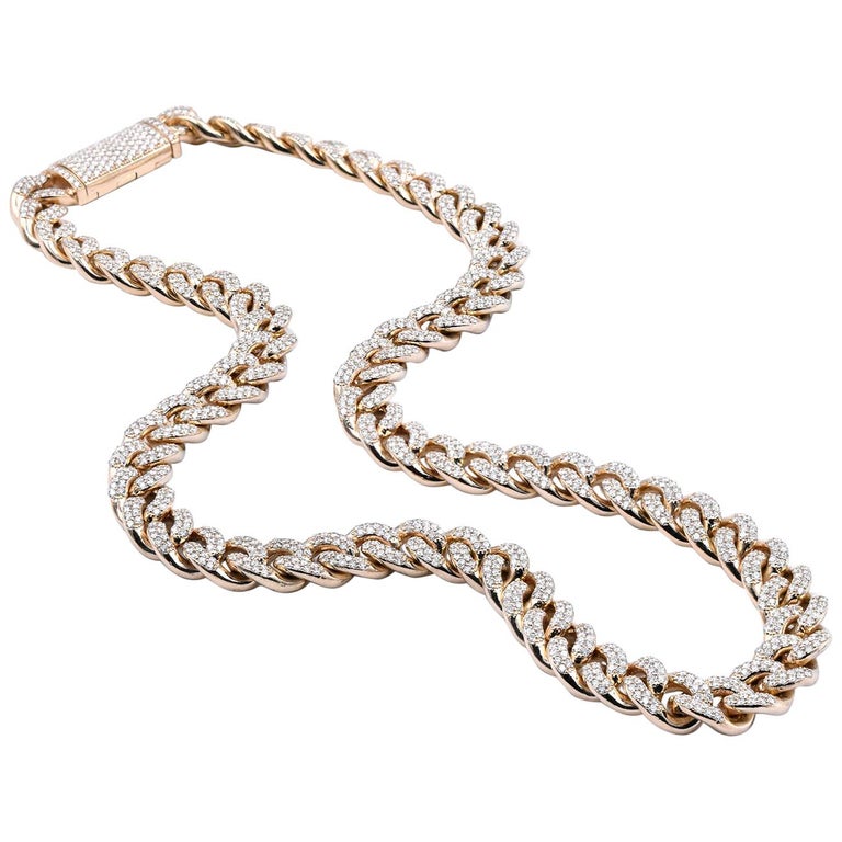 14 Karat Yellow Gold Diamonds Solid Cuban Link Necklace For Sale at 1stdibs