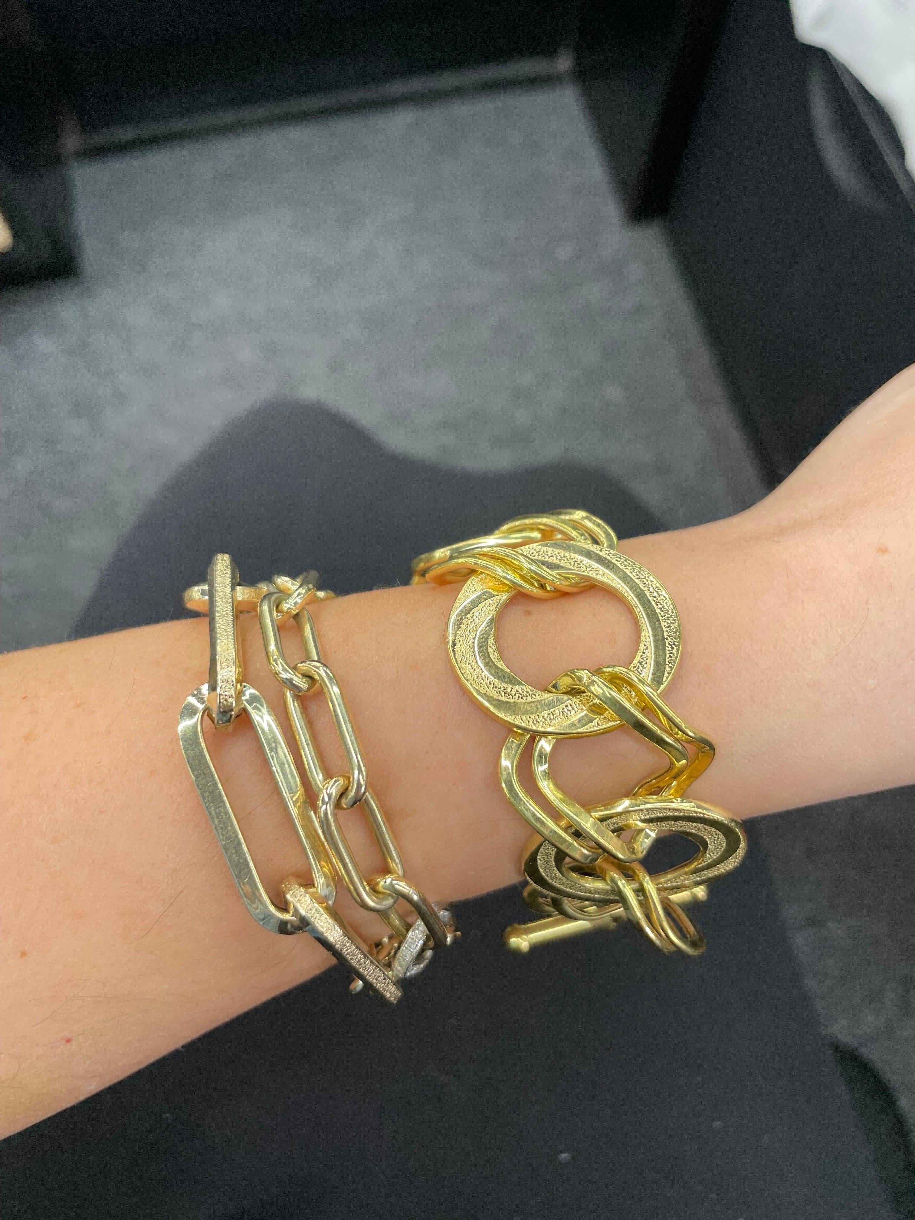 14 Karat Yellow Gold Different Shape Link Bracelet 24.6 Grams Made In Italy  In Excellent Condition For Sale In New York, NY