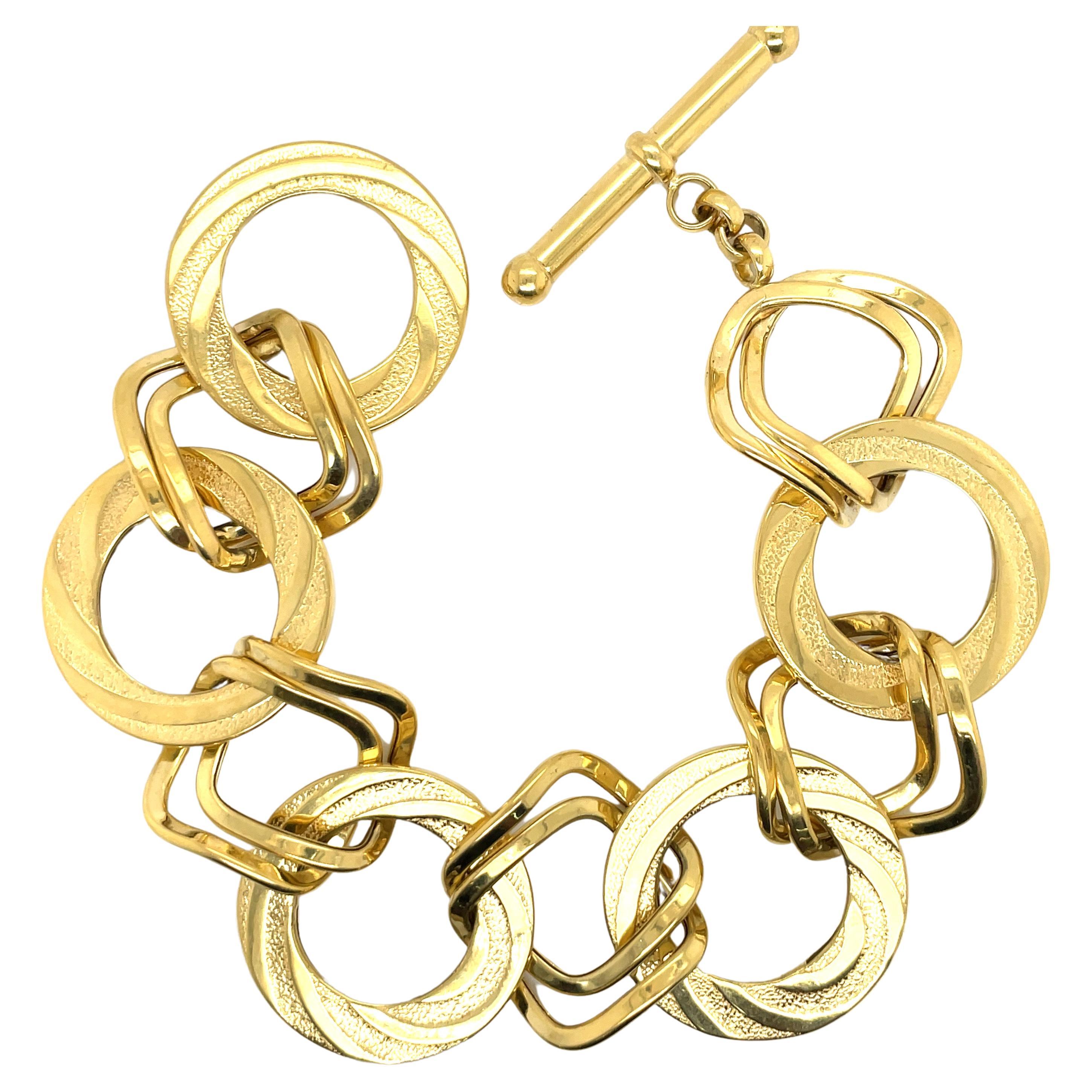 14 Karat Yellow Gold Different Shape Link Bracelet 24.6 Grams Made In Italy  For Sale