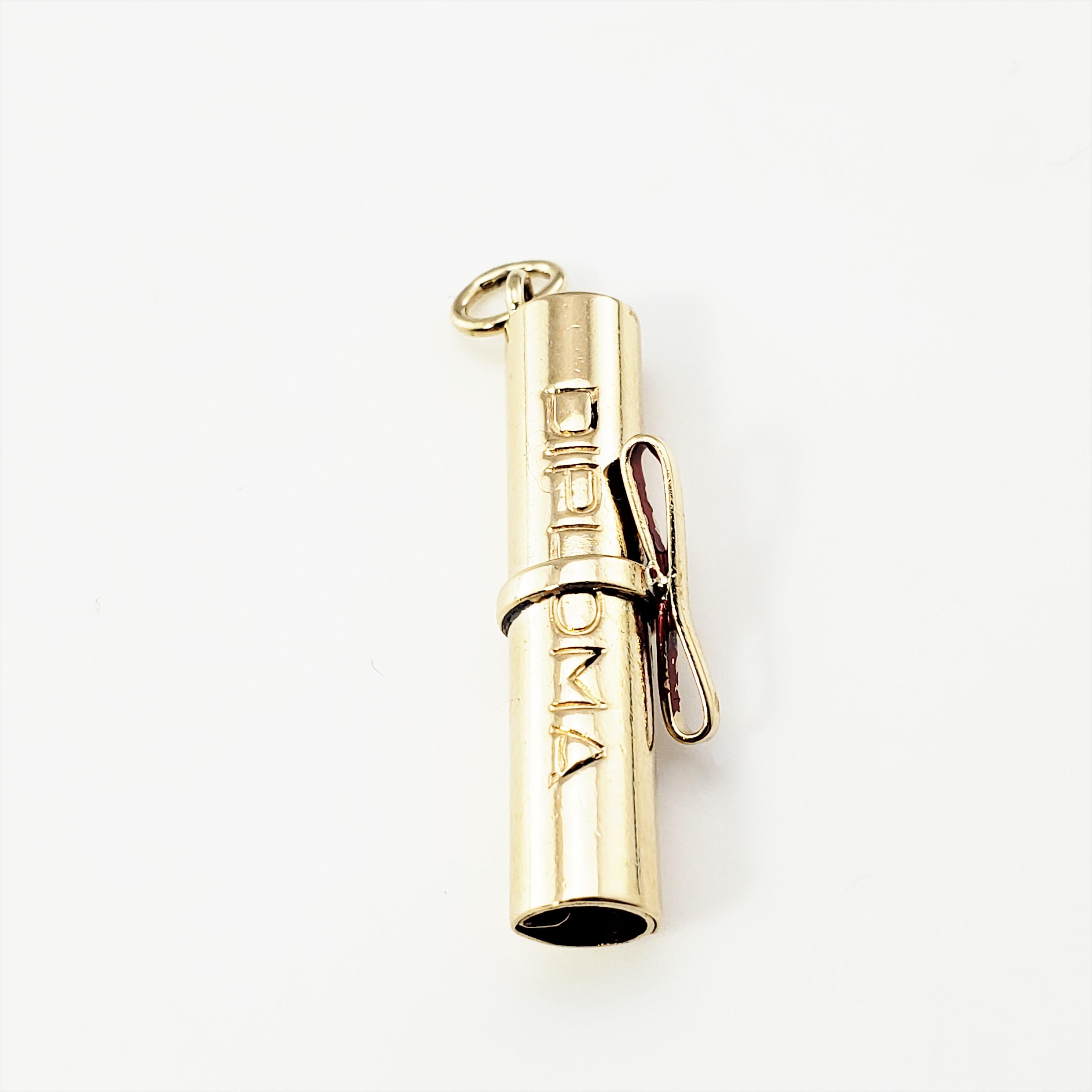 14 Karat Yellow Gold Diploma Charm-

Celebrate the graduate!

This lovely 3D charm features a miniature diploma meticulously detailed in 14K yellow gold.

Size: 24  mm x  7 mm

Weight: 1.5 dwt. /2.4  gr.

Stamped: 14K

* Chain not included

Very