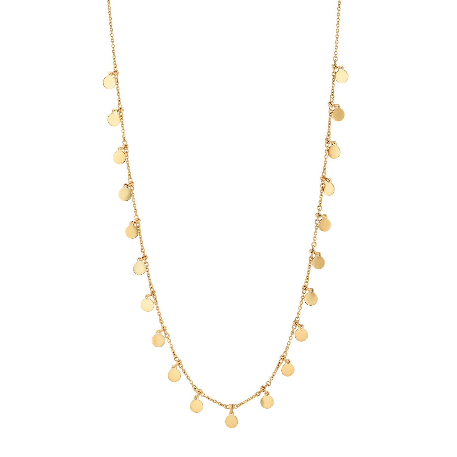 14 Karat Yellow Gold Disc Necklace

This 14 karat yellow gold disk necklace is an easy addition to any jewelry collection. 
It can be worn to the lengths of 19 or 21 inches, as there is a loop for you to connect to either.  

