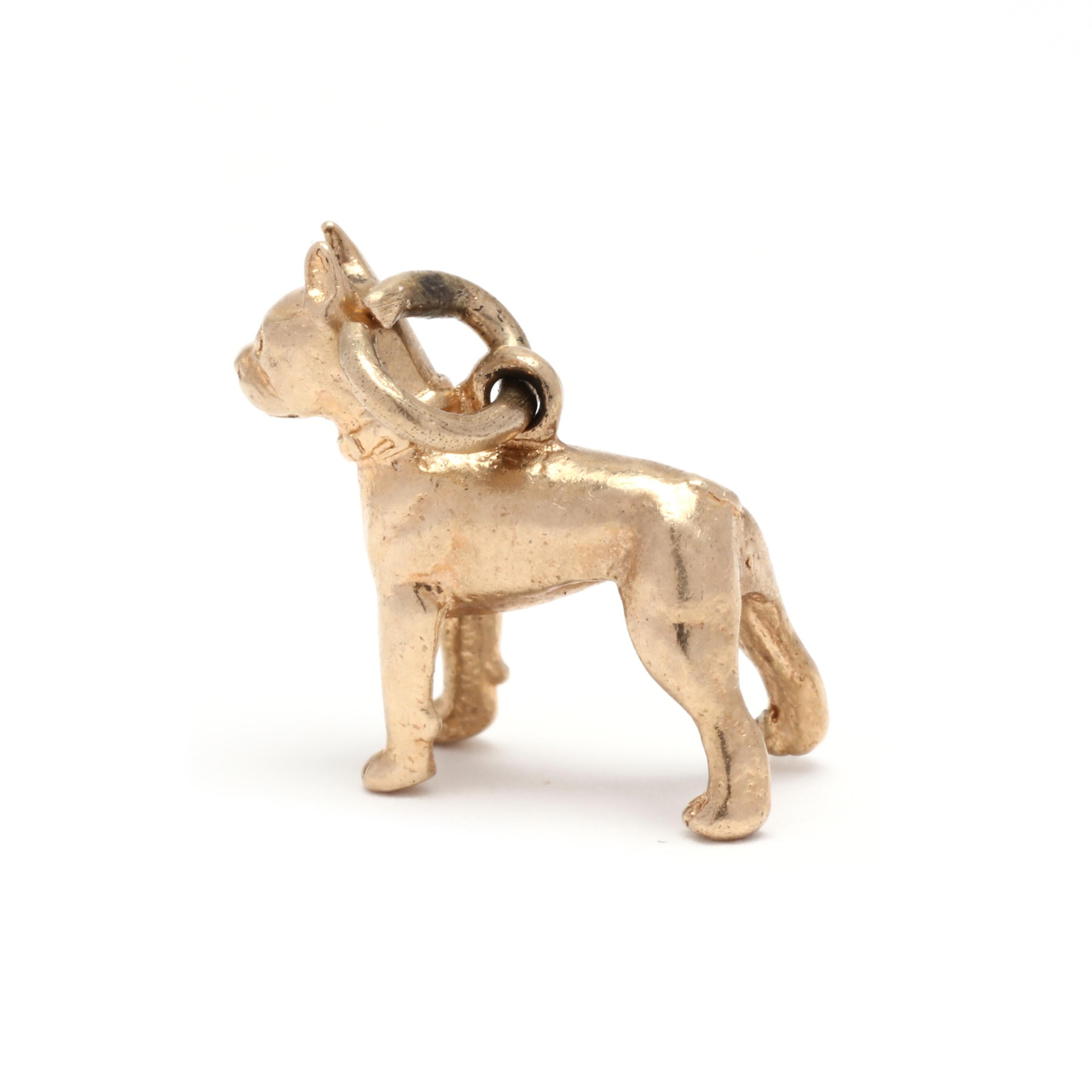 A vintage 14 karat yellow gold boxer dog charm. This charm features a standing boxer dog motif with a thin bail.



Length: 7/16 in.



Width: 1/2 in.



Weight: 1.2 dwts.