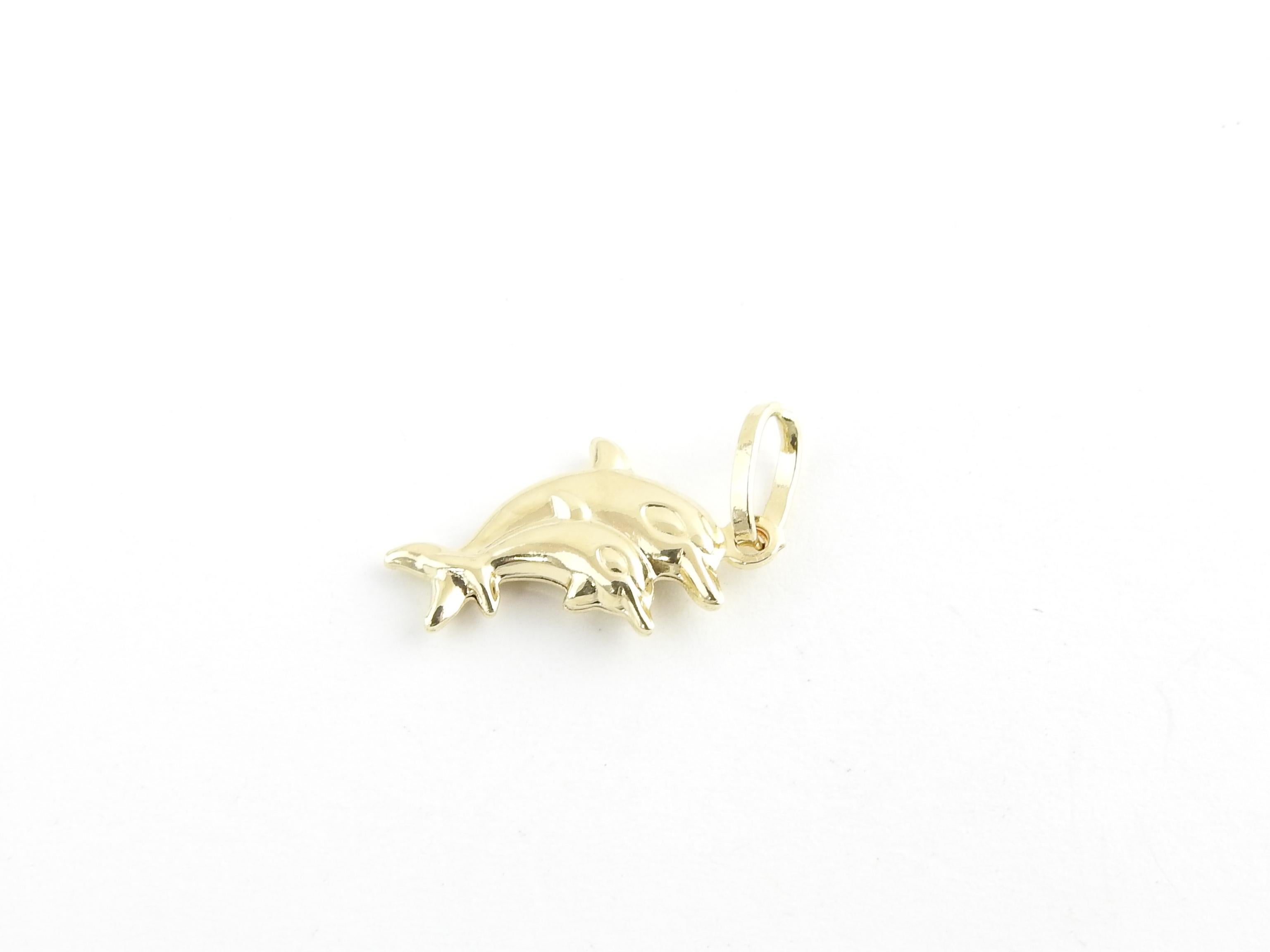 Vintage 14 Karat Yellow Gold Dolphin Charm

Known as the protectors of the sea, dolphins represent joy and harmony!

This lovely charm features two dolphins beautifully detailed in 14K yellow gold.

Size: 17 mm x 11 mm (actual charm)

Weight: 0.5