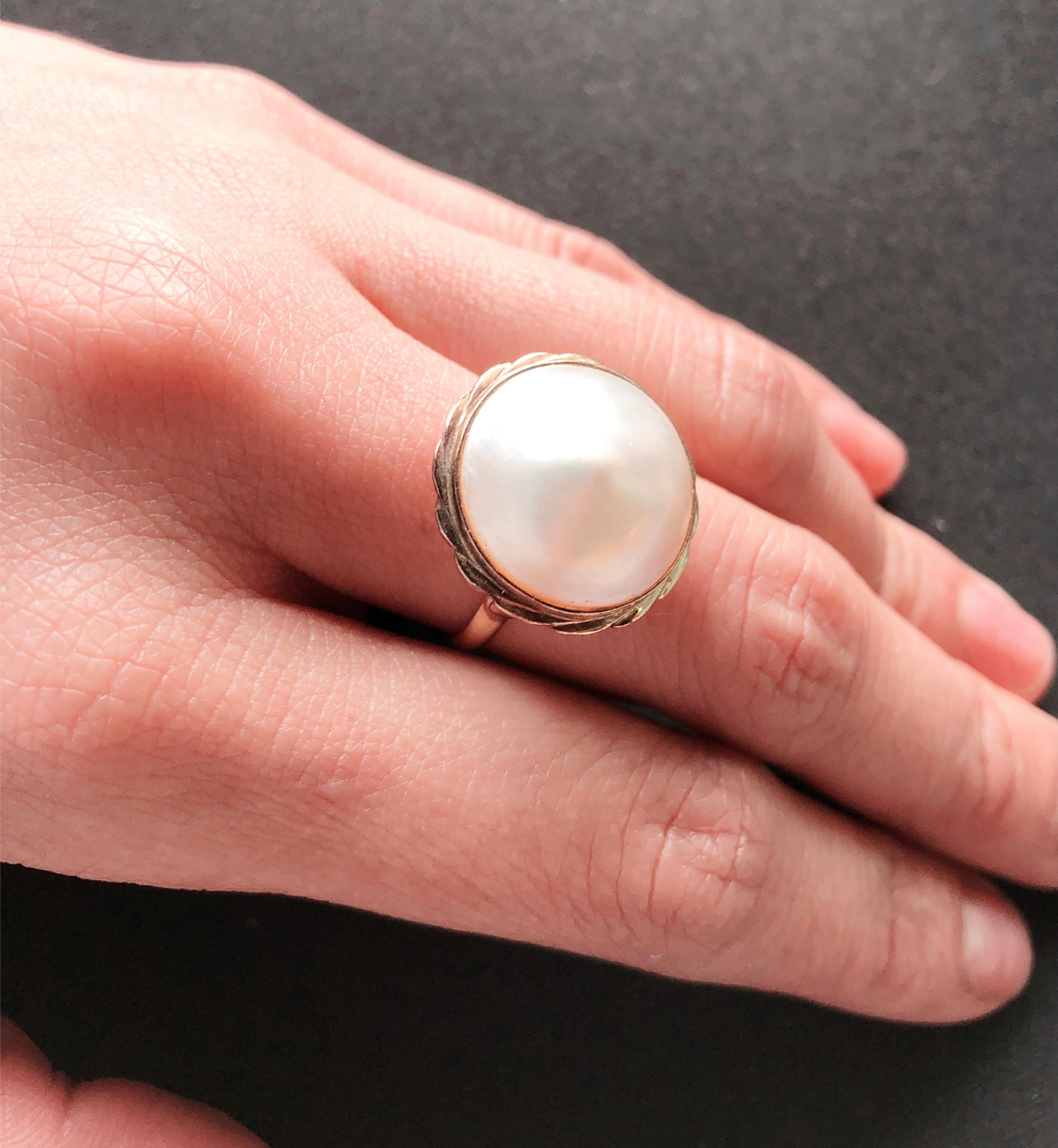 Round Cut 14 Karat Yellow Gold Dome Pearl Ring For Sale