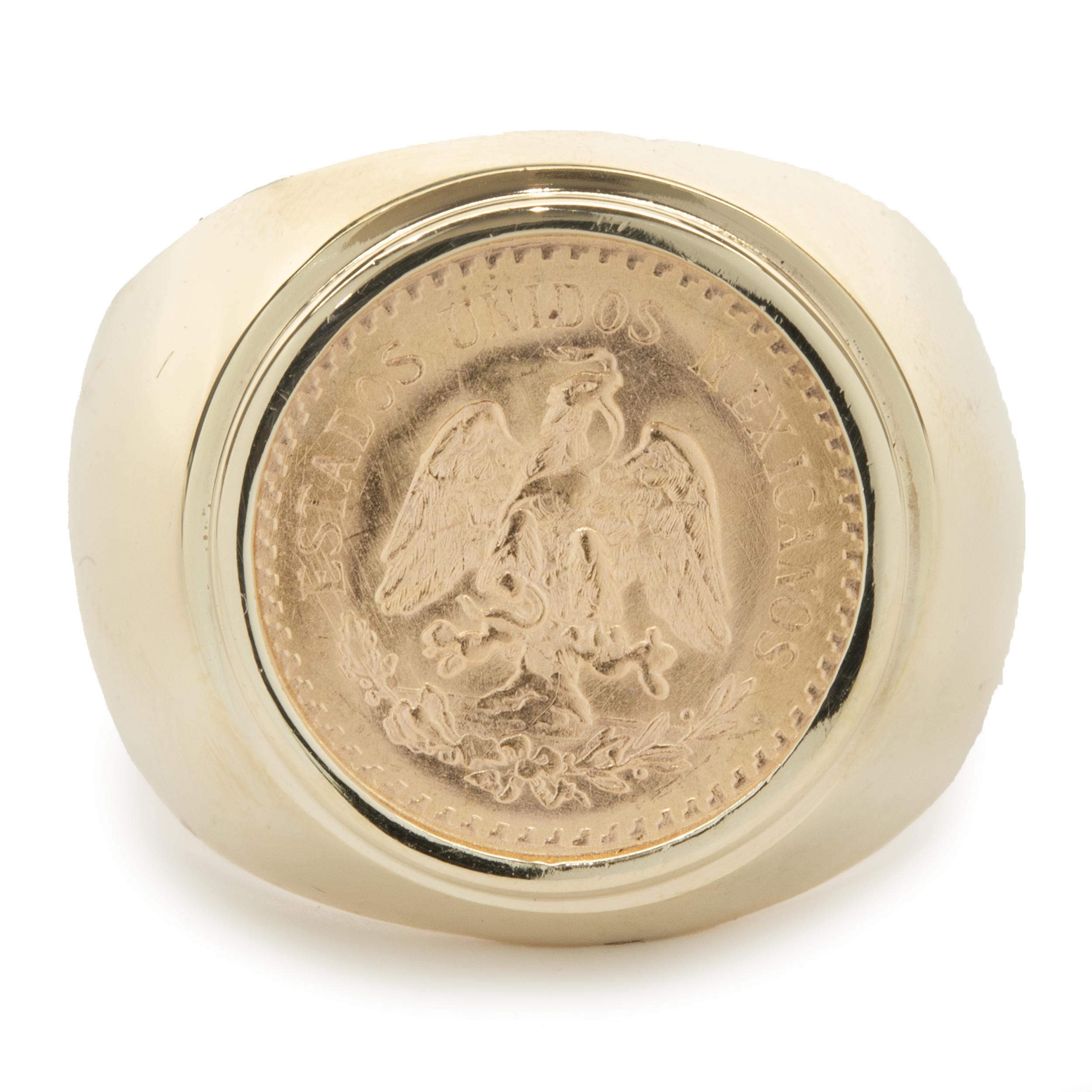 Designer: custom design
Material: 14K yellow gold / 2.5 Peso Coin
Dimensions: ring top measures 20mm wide
Ring Size: 10 (please allow two extra shipping days for sizing requests) 
Weight: 13.52 grams
