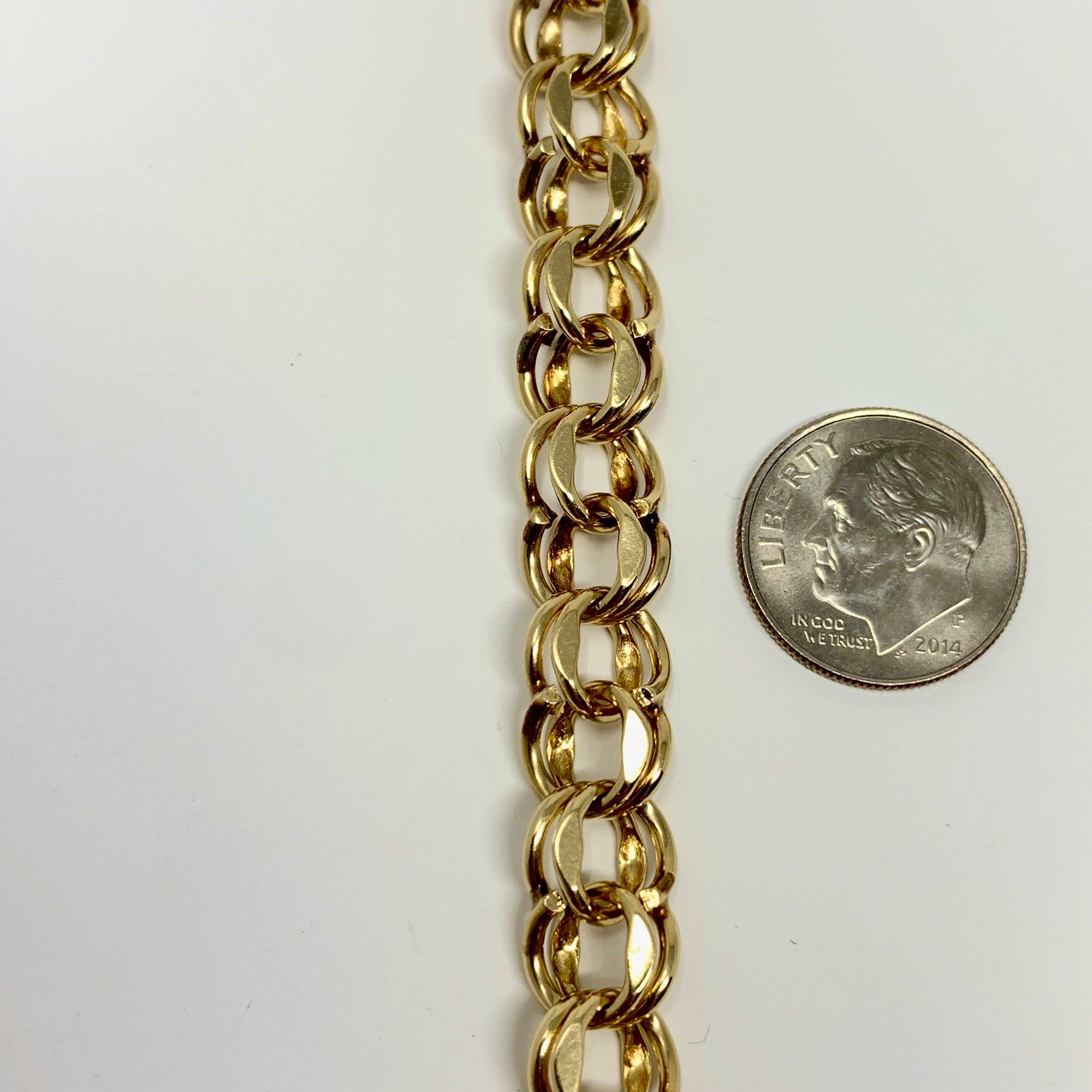 14 Karat Yellow Gold Double Circle Link Charm Bracelet In Good Condition In Guilford, CT
