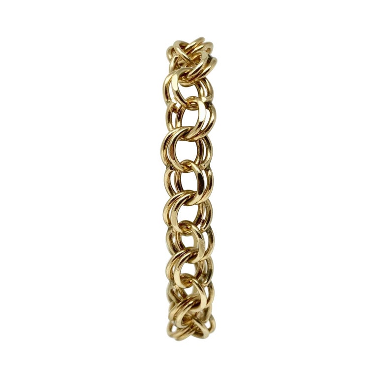 14 Karat Yellow Gold Double Circle Link Charm Bracelet For Sale at 1stDibs