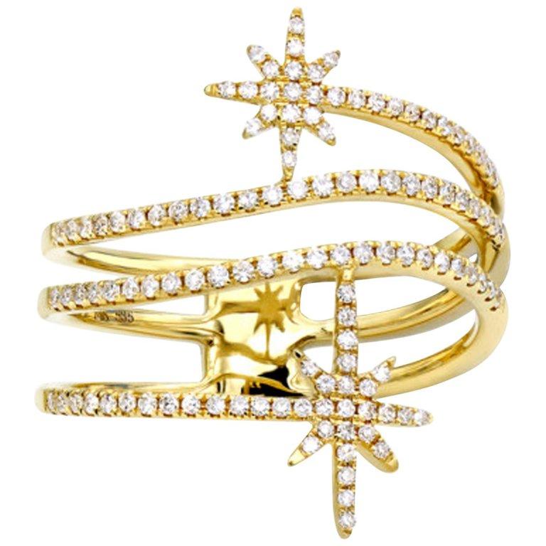 Round Cut 14 Karat Yellow Gold Double North Star Diamond Starburst Spiral Ring For Sale