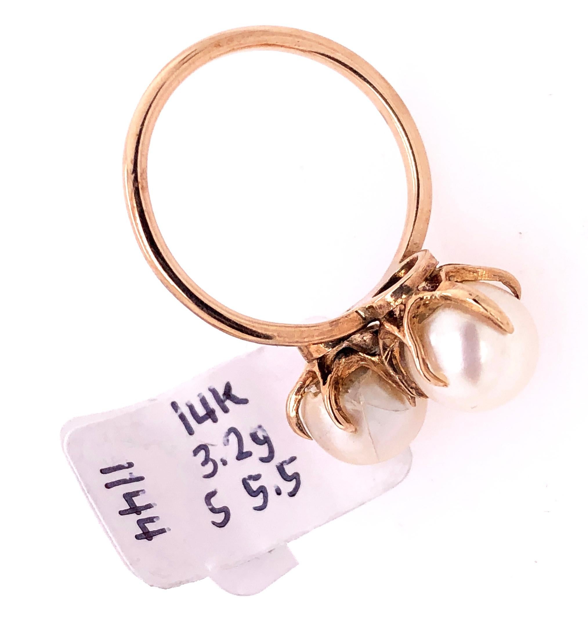 14 Karat Yellow Gold Double Pearl Ring For Sale 2