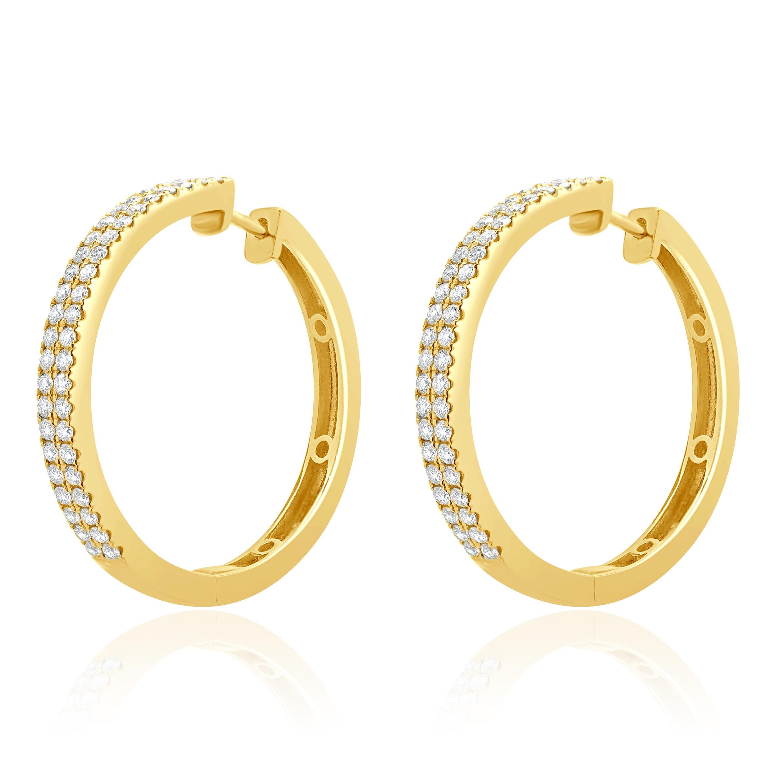 Designer: custom design
Material: 14K yellow gold
Diamonds: 92 round brilliant cut= 1.18cttw
Color: G/H
Clarity: VS-SI1
Dimensions: earrings measure 30mm 
Weight: 10.60 grams
