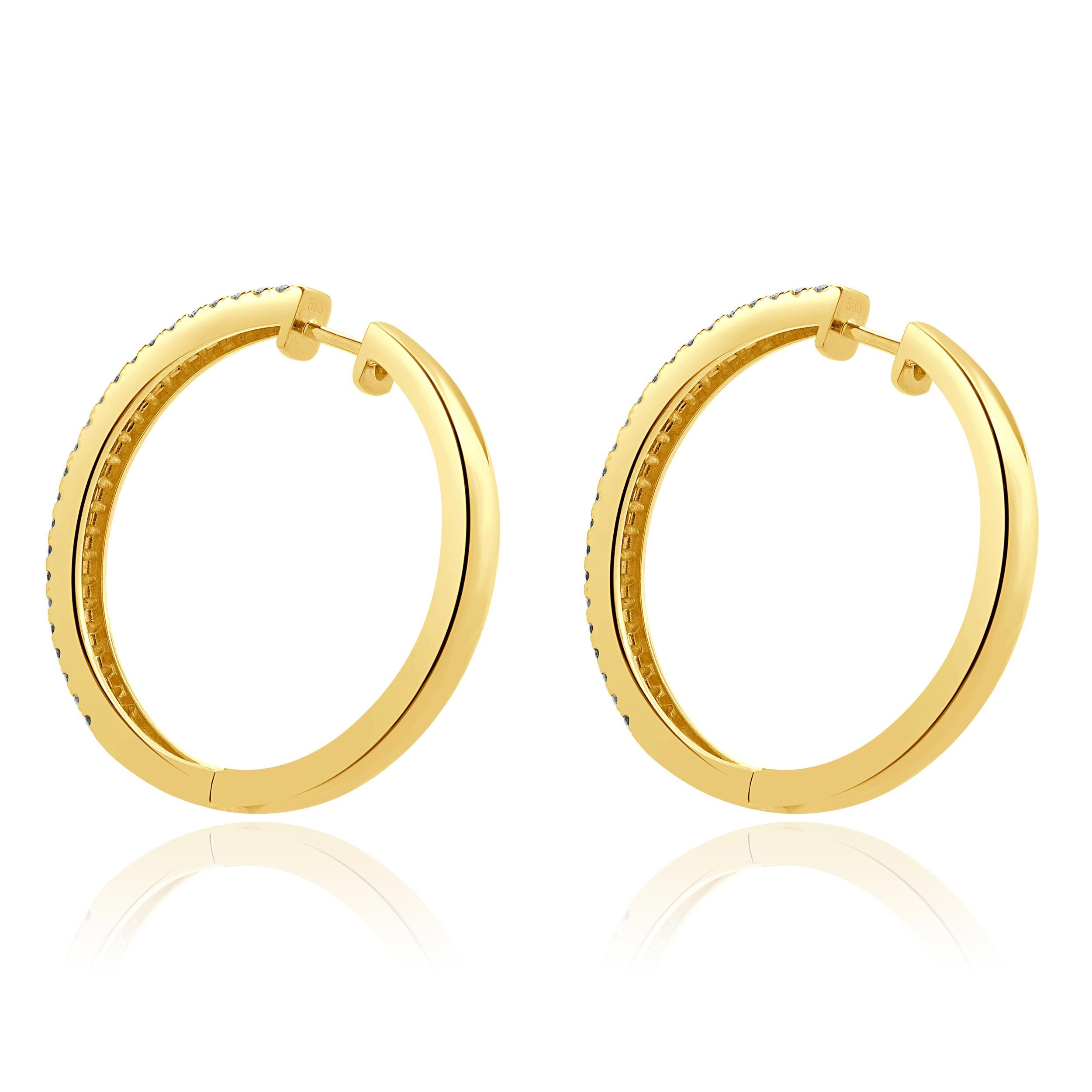 Round Cut 14 Karat Yellow Gold Double Row Diamond Hoop Earrings For Sale