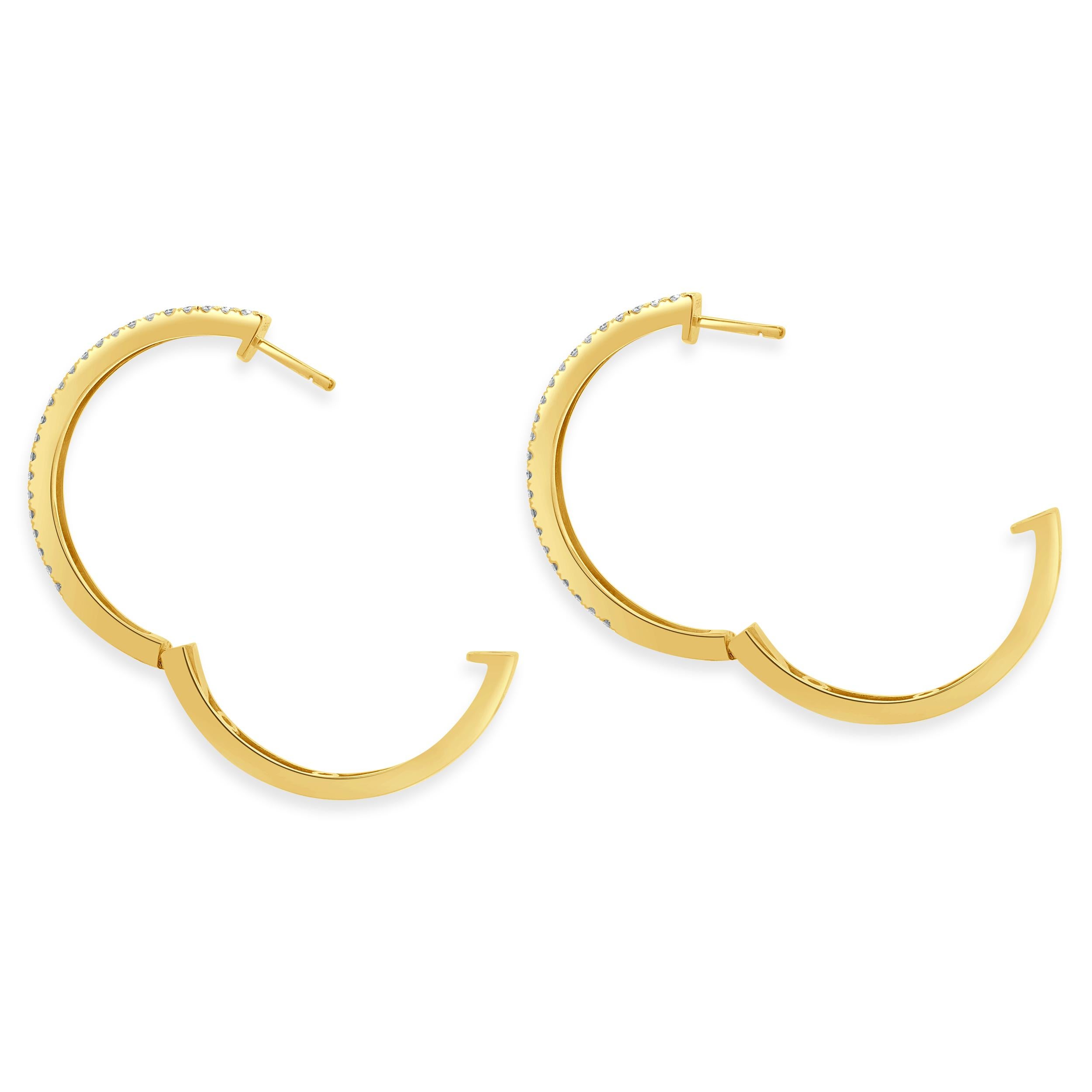 14 Karat Yellow Gold Double Row Diamond Hoop Earrings In Excellent Condition For Sale In Scottsdale, AZ