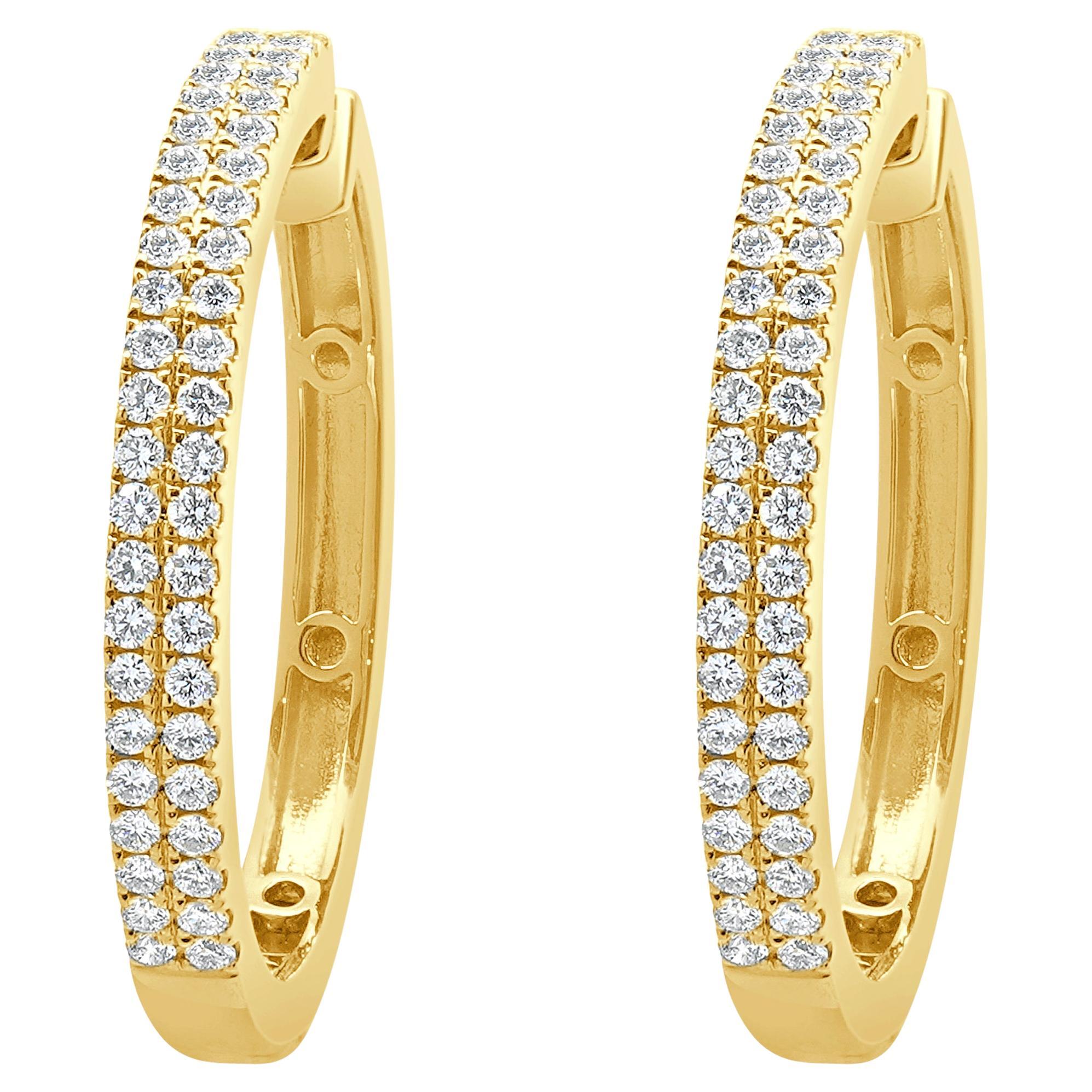 14 Karat Yellow Gold Double Row Diamond Hoop Earrings For Sale