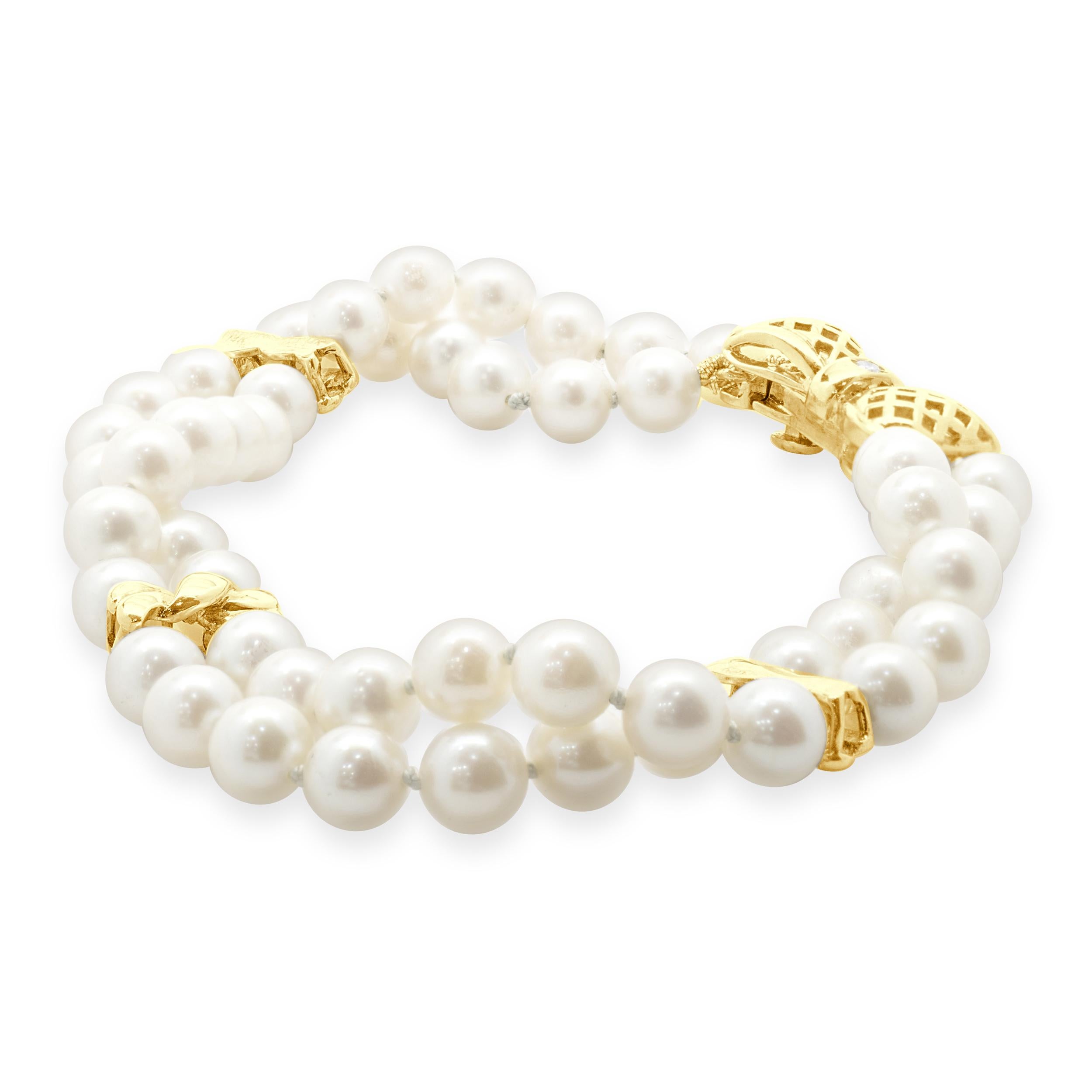 Round Cut 14 Karat Yellow Gold Double Strand Pearl and Diamond Bracelet For Sale