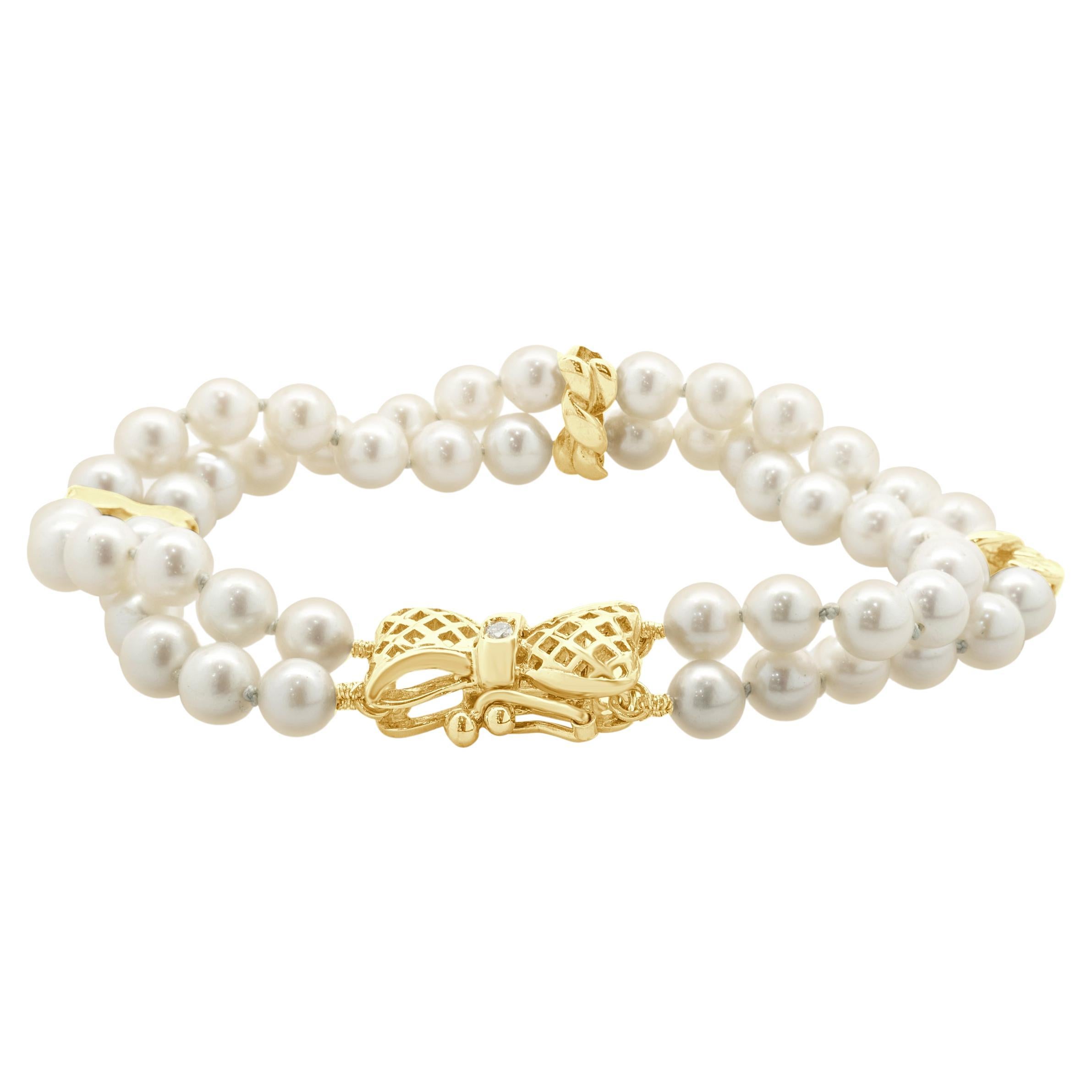 14 Karat Yellow Gold Double Strand Pearl and Diamond Bracelet For Sale