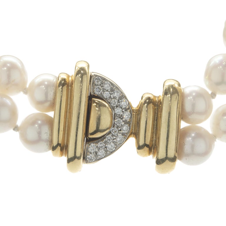 14 Karat Yellow Gold Double Strand Pearl and Diamond Necklace For Sale ...